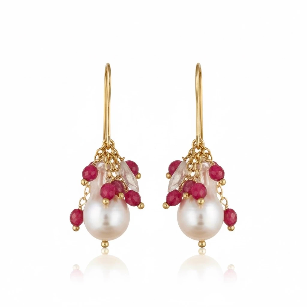 Renkli Taşlı İnci Küpe, Sallantılı Barok inci Küpe