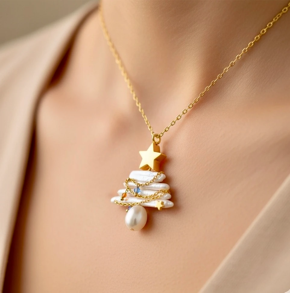 Nova Kolye, Özel Tasarım Yeni Yıl Kolyesi, Doğal  İnci Yılbaşı Ağacı Kolye