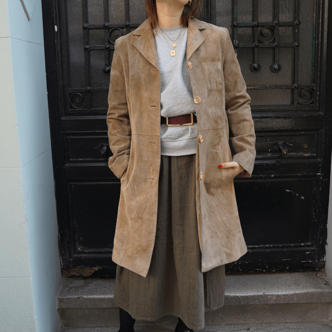 Kadın Düğmeli Uzun Süet Ceket - Camel