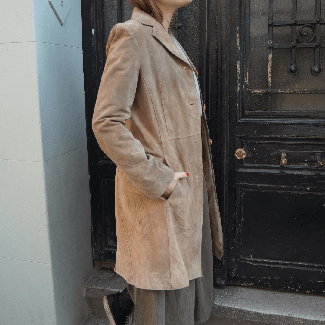 Kadın Düğmeli Uzun Süet Ceket - Camel