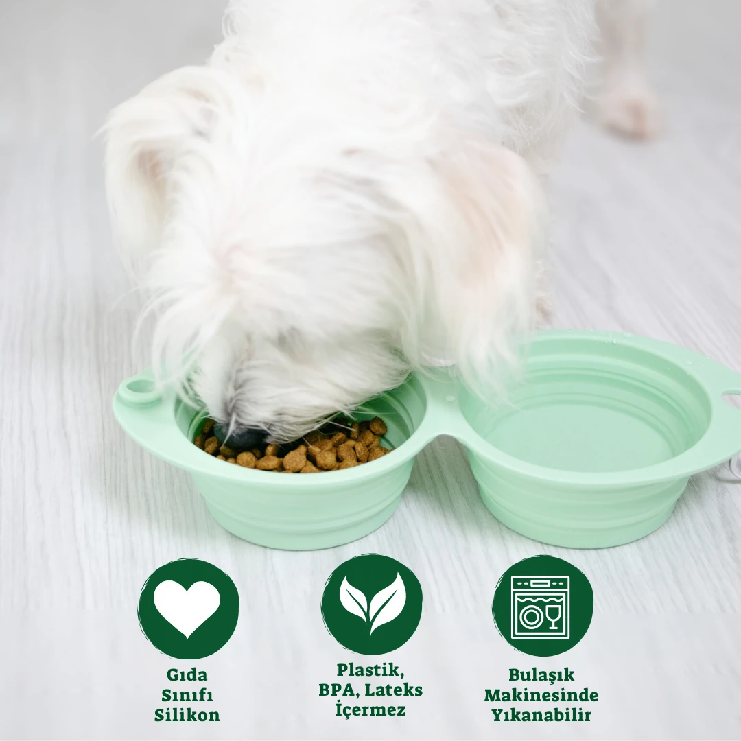 Katlanabilir Çift Bölmeli Evcil Hayvan Seyahat Mama ve Su Kabı