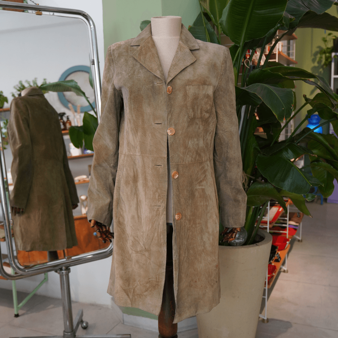 Kadın Düğmeli Uzun Süet Ceket - Camel