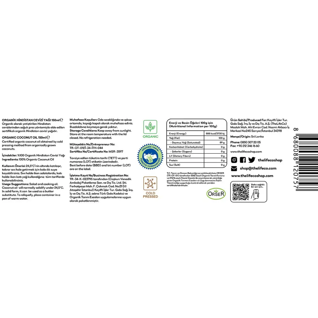 TheLifeCo Organik Hindistan Cevizi Yağı 150ml