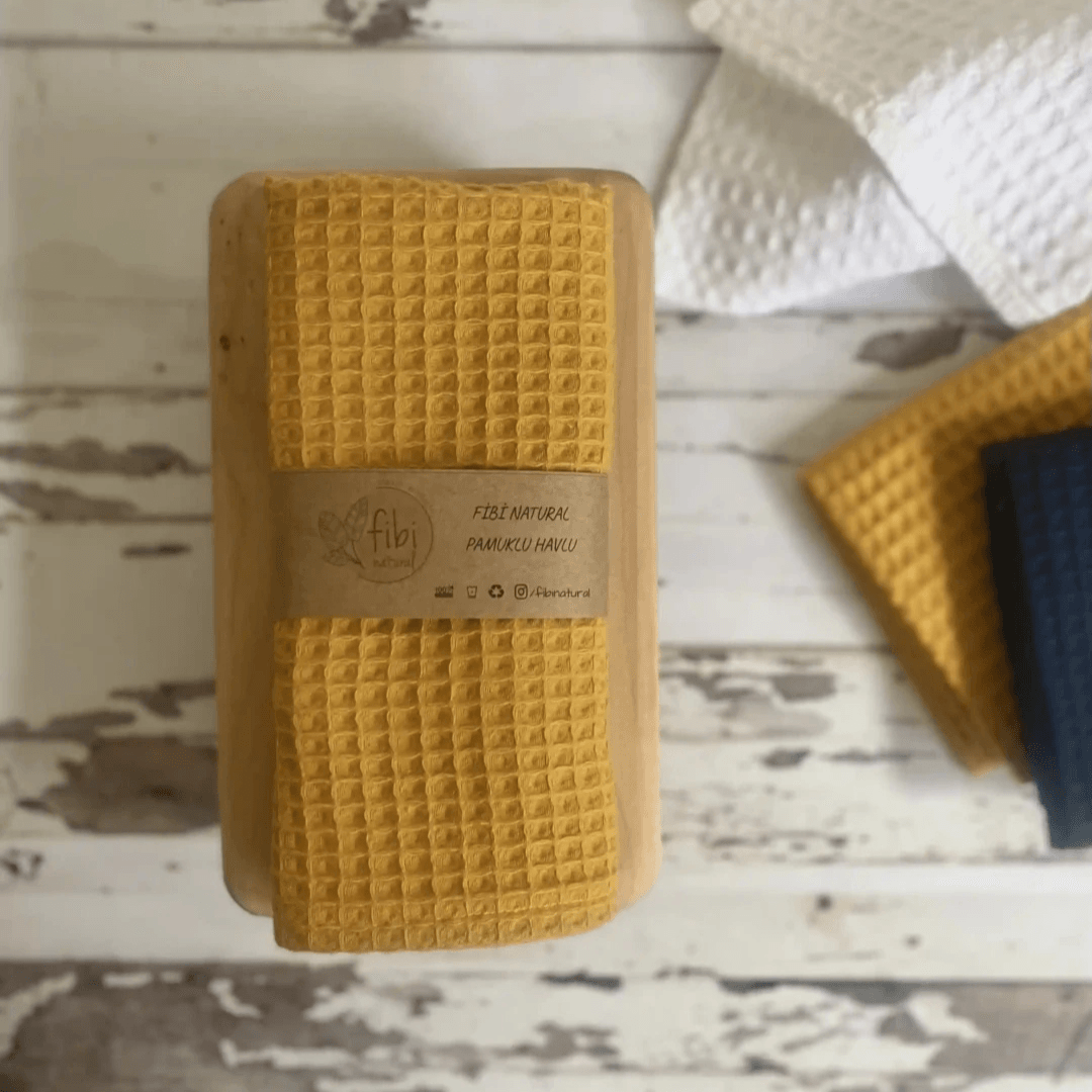 Pamuklu Waffle Havlu - Sarı
