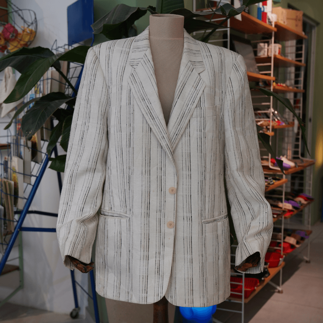 Kadın Çizgili Keten Blazer Ceket - Krem