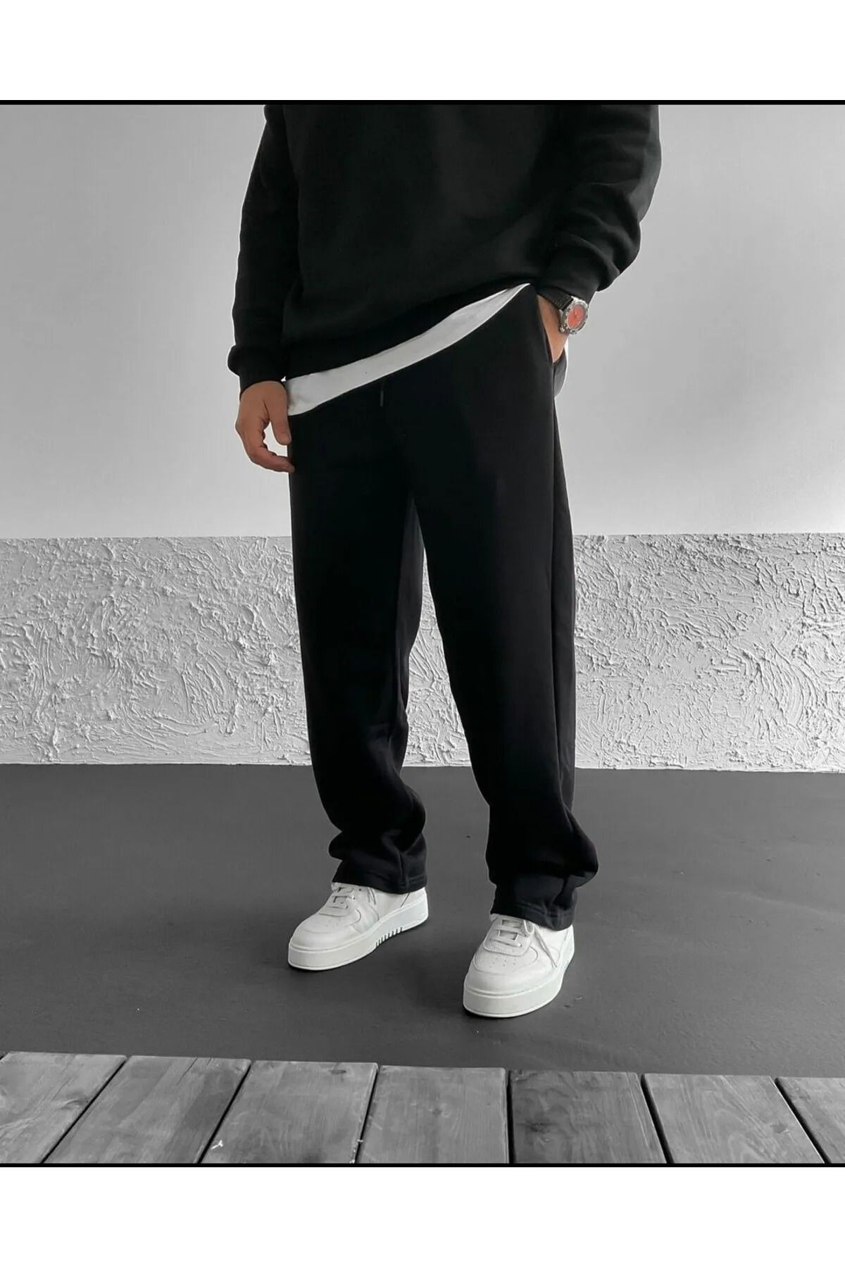 Baggy Eşofman Altı Gri Bol Paça Kışlık - siyah
