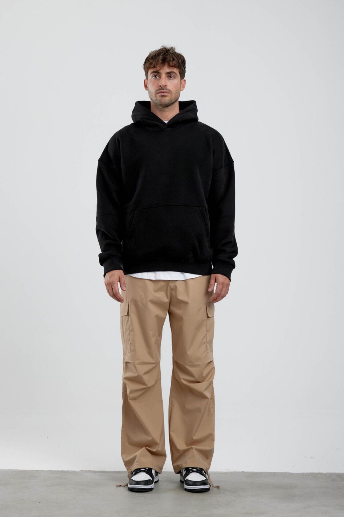 Erkek Sweatshirt Kırık Beyaz Oversize Kapşonlu - siyah