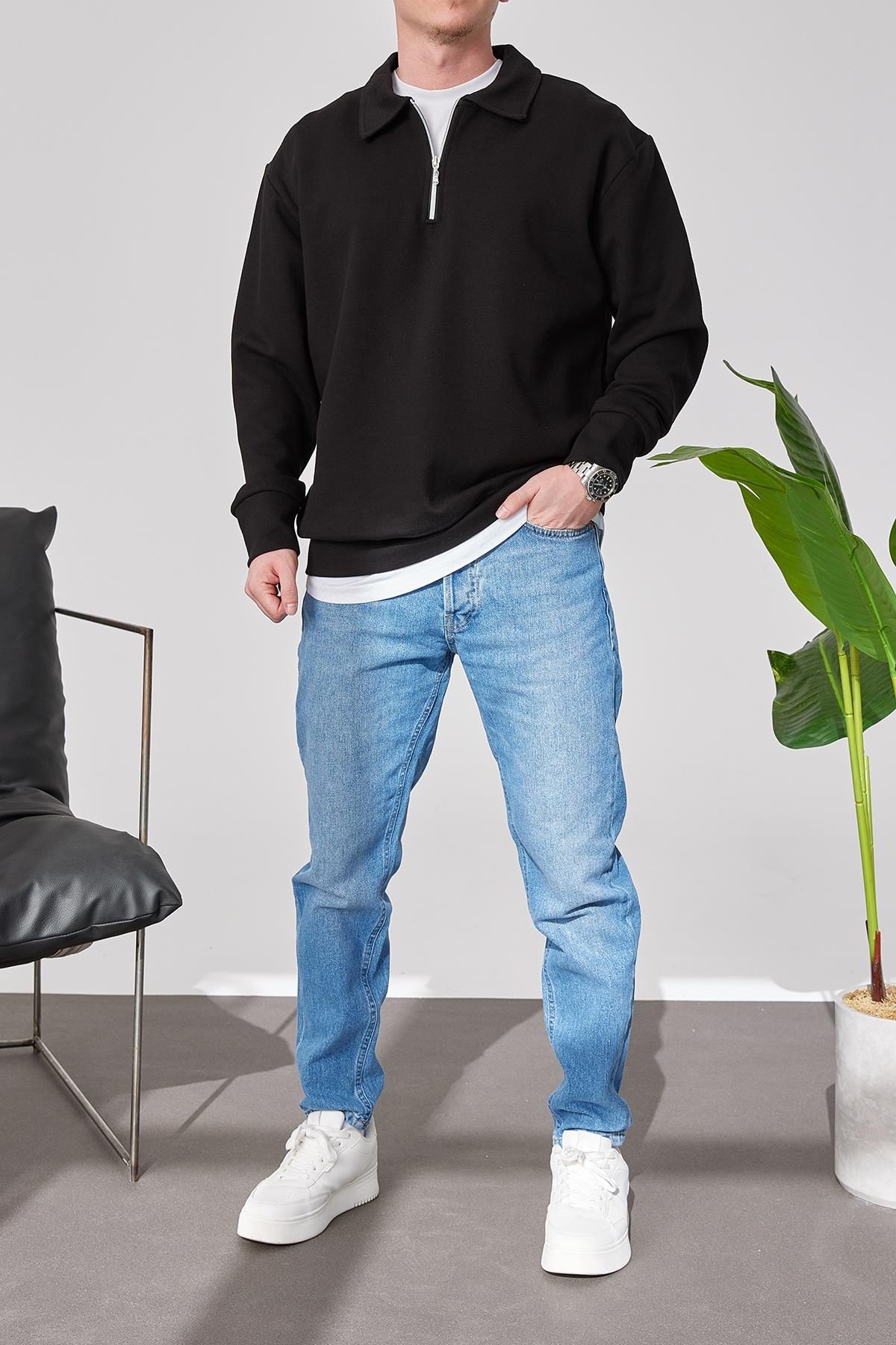 Erkek Polo Yaka Oversize Beyaz Sweatshirt Yarım Fermuar Sweatshirt - siyah