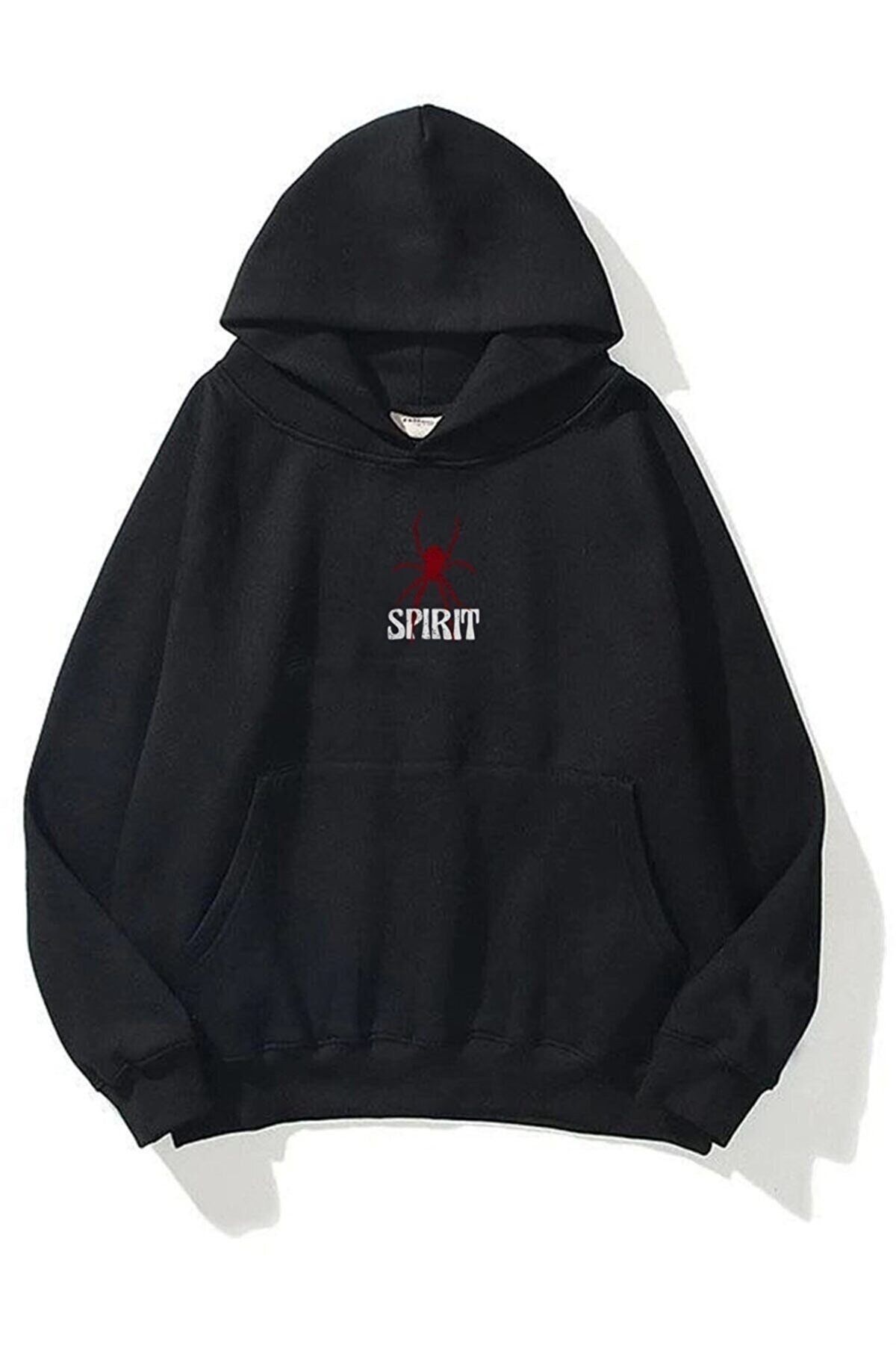 Unisex Siyah Sprıt Örümcek Baskılı Oversize Kapüşonlu Sweatshirt