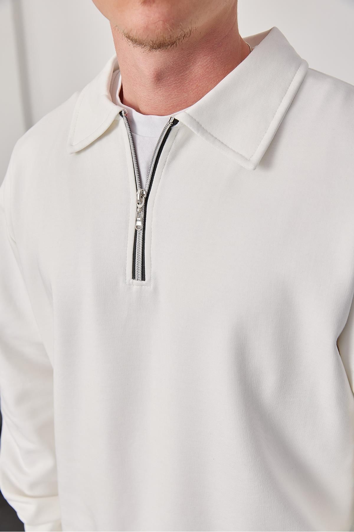 Erkek Polo Yaka Oversize Beyaz Sweatshirt Yarım Fermuar Sweatshirt