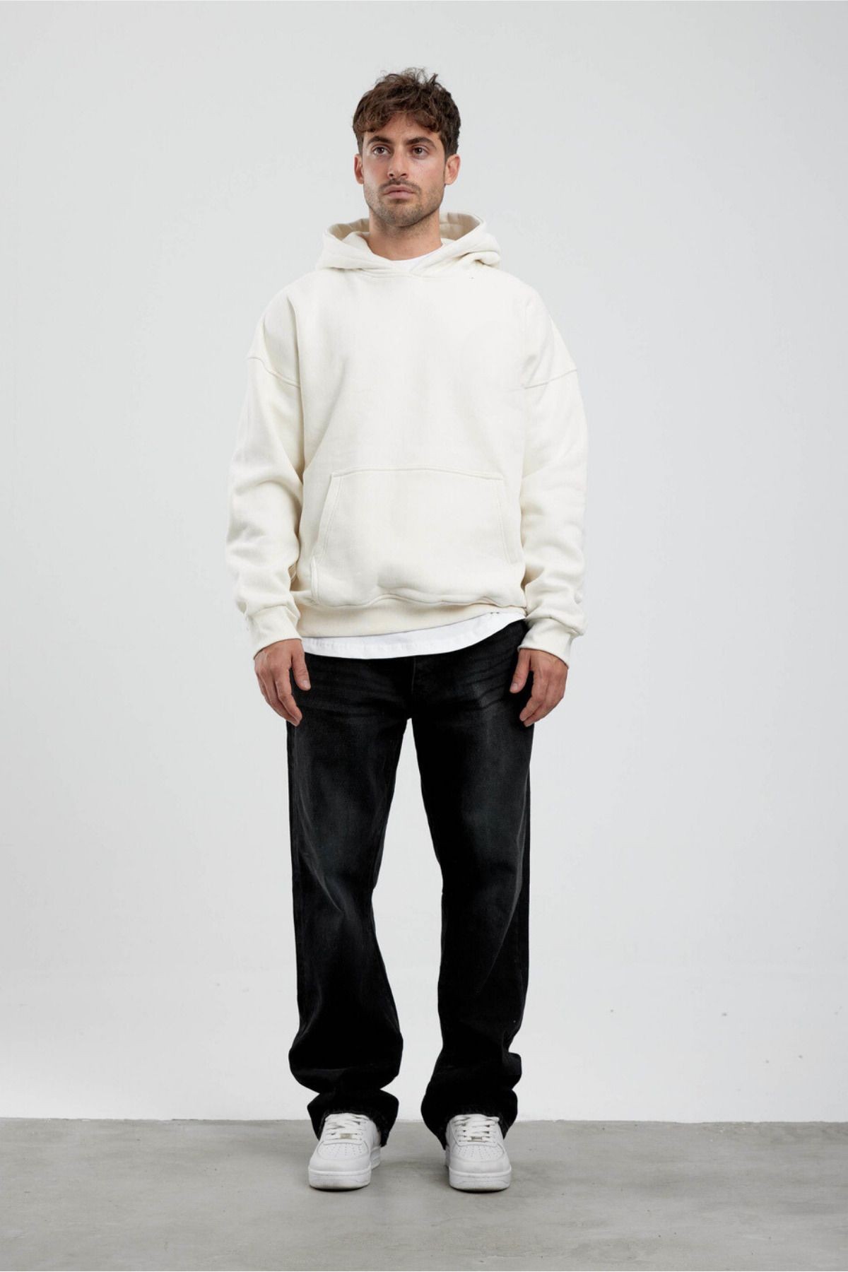 Erkek Sweatshirt Kırık Beyaz Oversize Kapşonlu - kırık beyaz