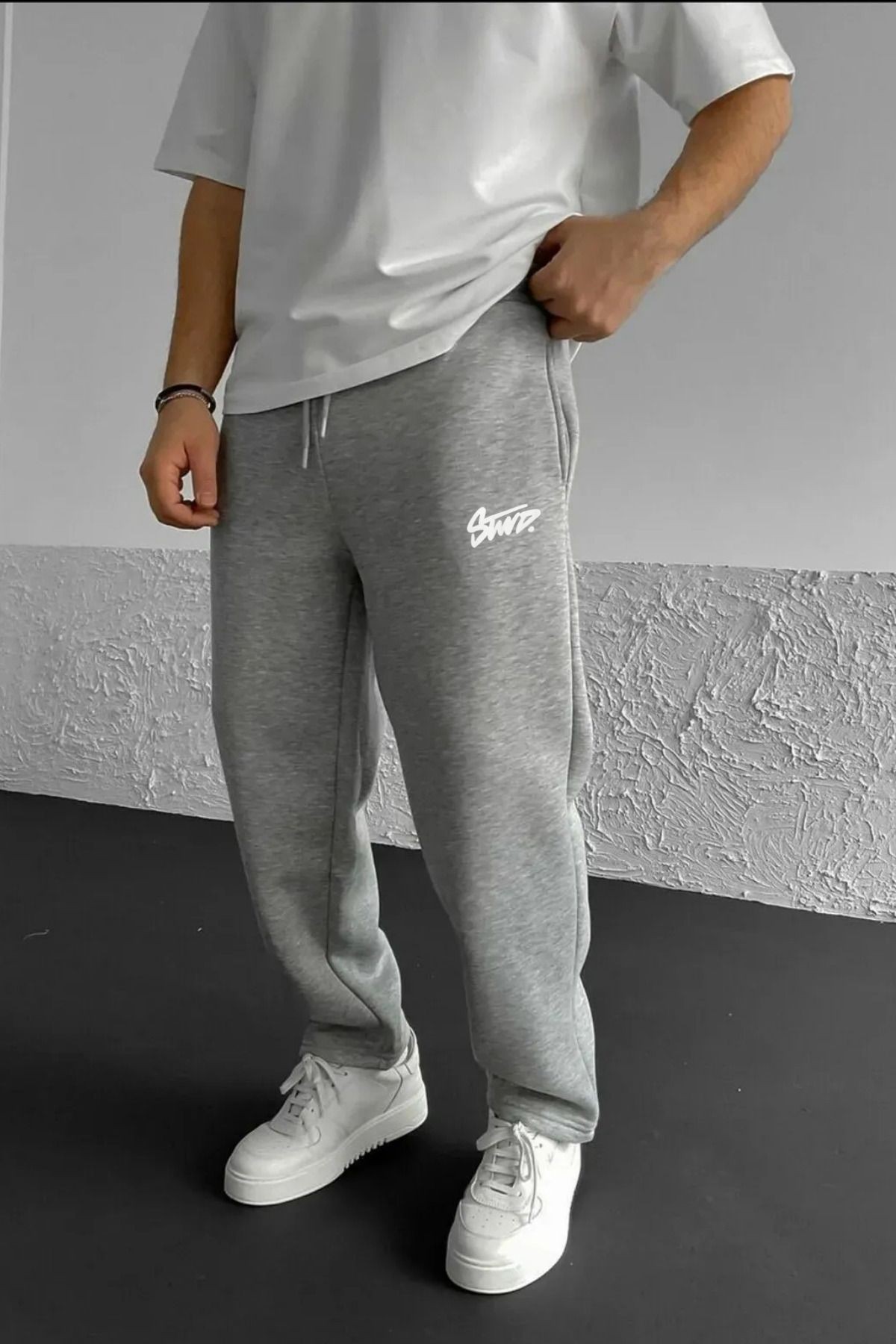 Baggy Eşofman Altı Gri Bol Paça Kışlık - gribaskılı