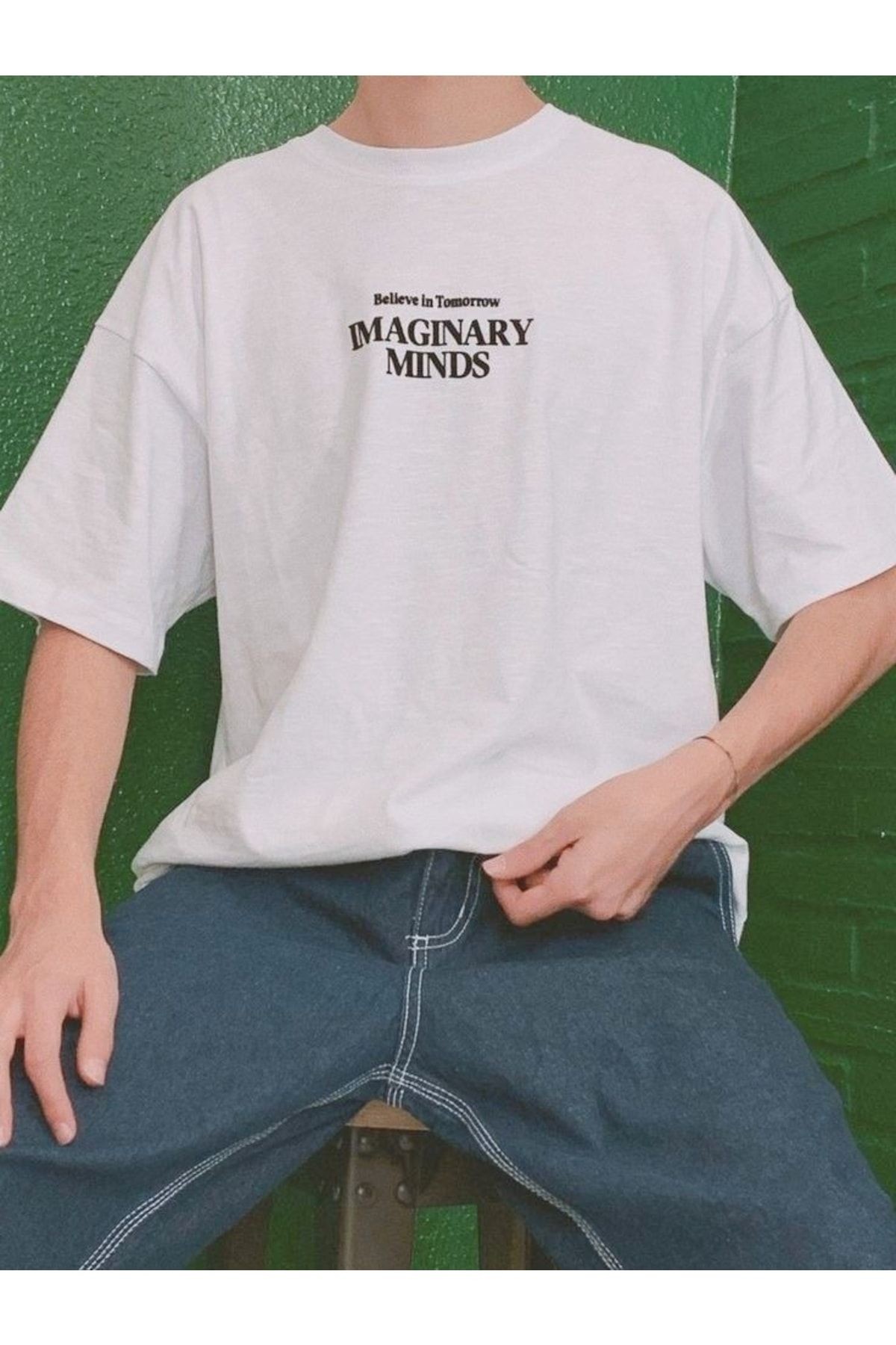 Erkek Baskılı Beyaz Oversize T-shirt