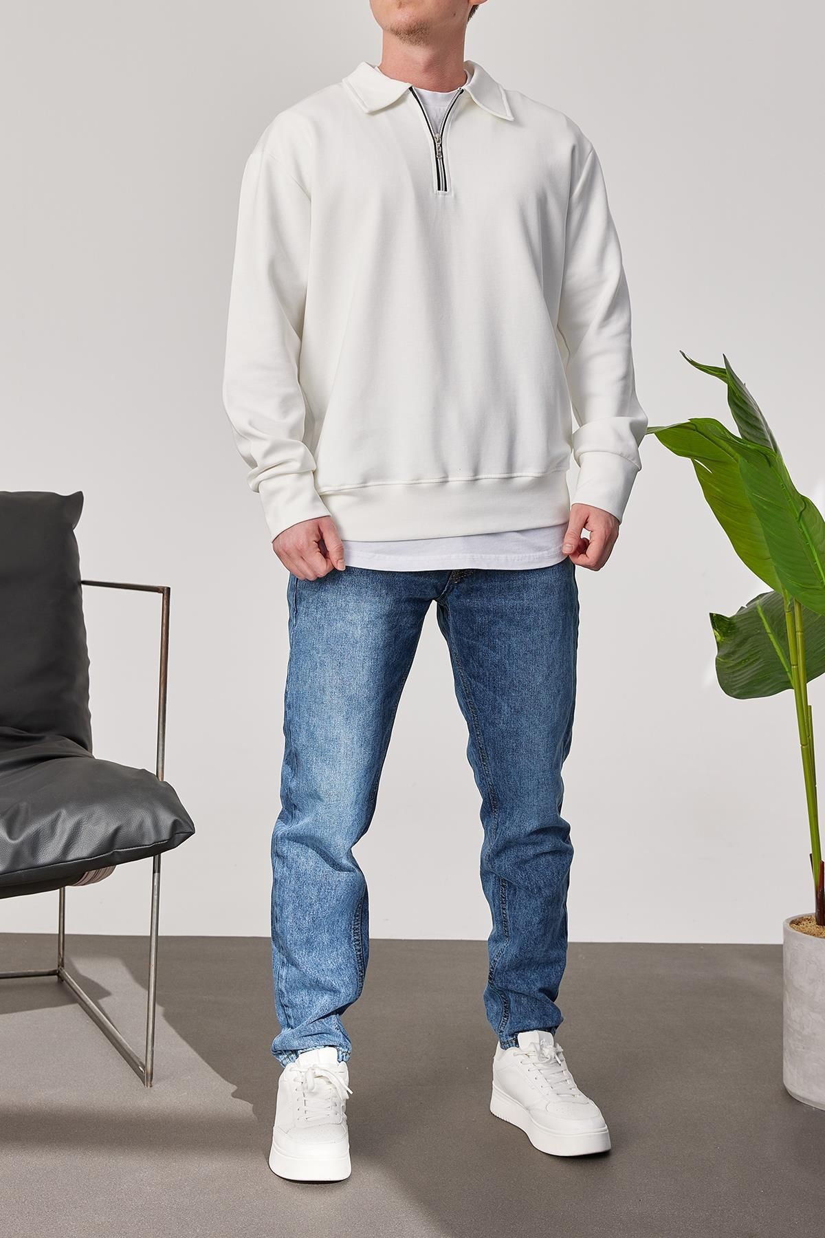 Erkek Polo Yaka Oversize Beyaz Sweatshirt Yarım Fermuar Sweatshirt - beyaz