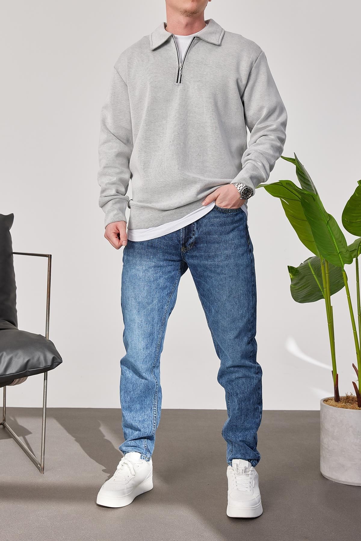 Erkek Polo Yaka Oversize Beyaz Sweatshirt Yarım Fermuar Sweatshirt - gri