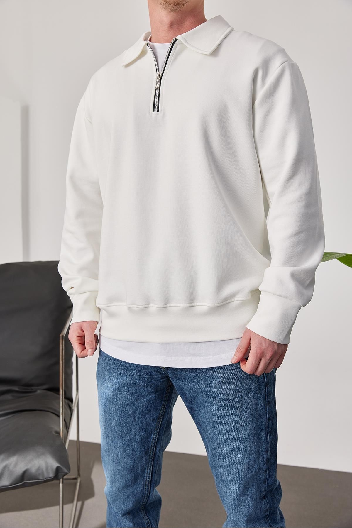 Erkek Polo Yaka Oversize Beyaz Sweatshirt Yarım Fermuar Sweatshirt