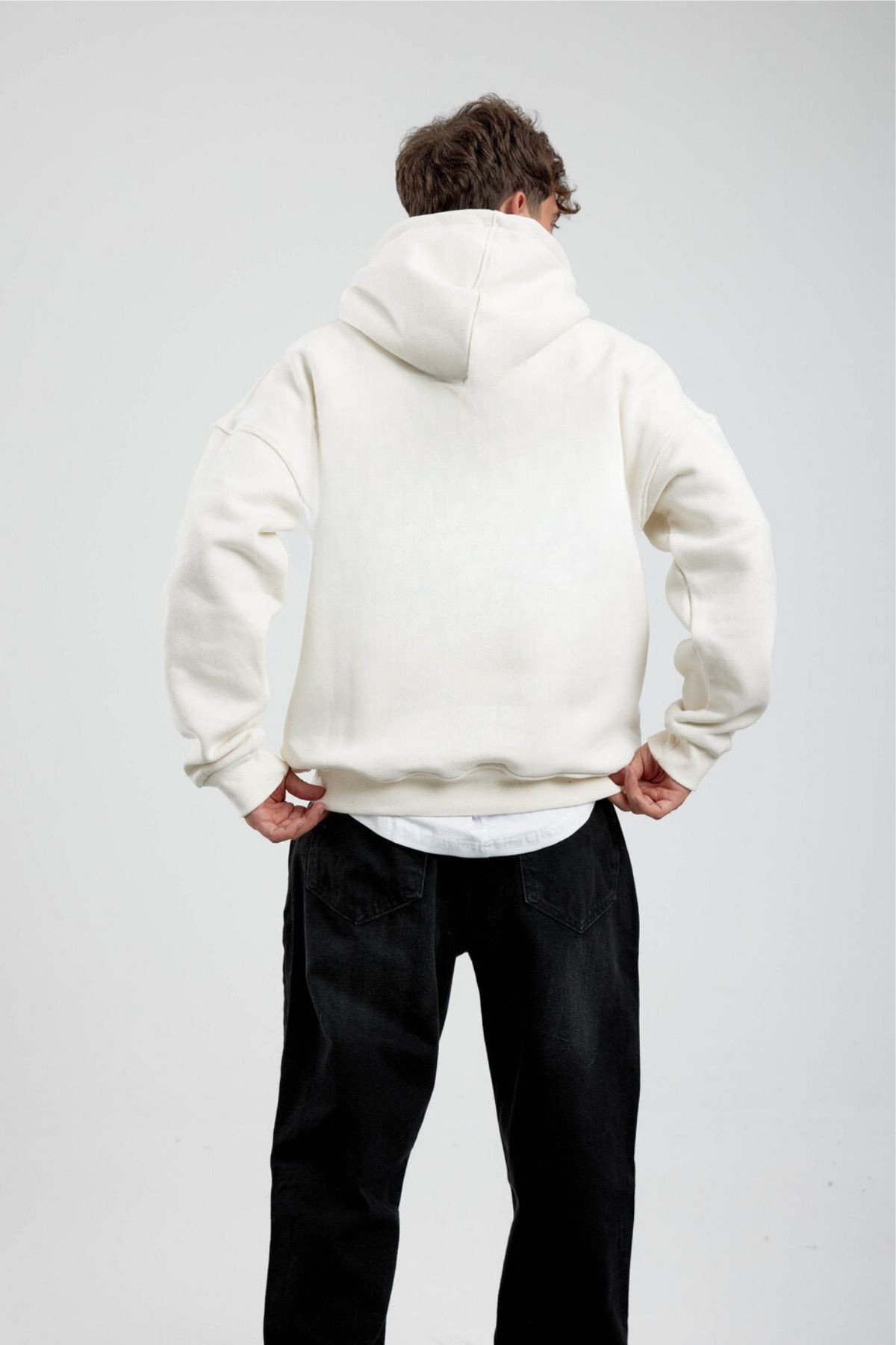 Erkek Sweatshirt Kırık Beyaz Oversize Kapşonlu