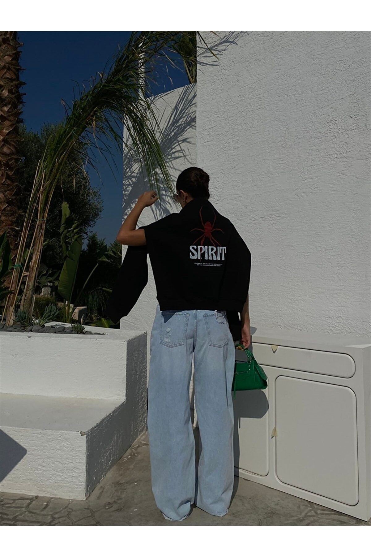 Unisex Siyah Sprıt Örümcek Baskılı Oversize Kapüşonlu Sweatshirt