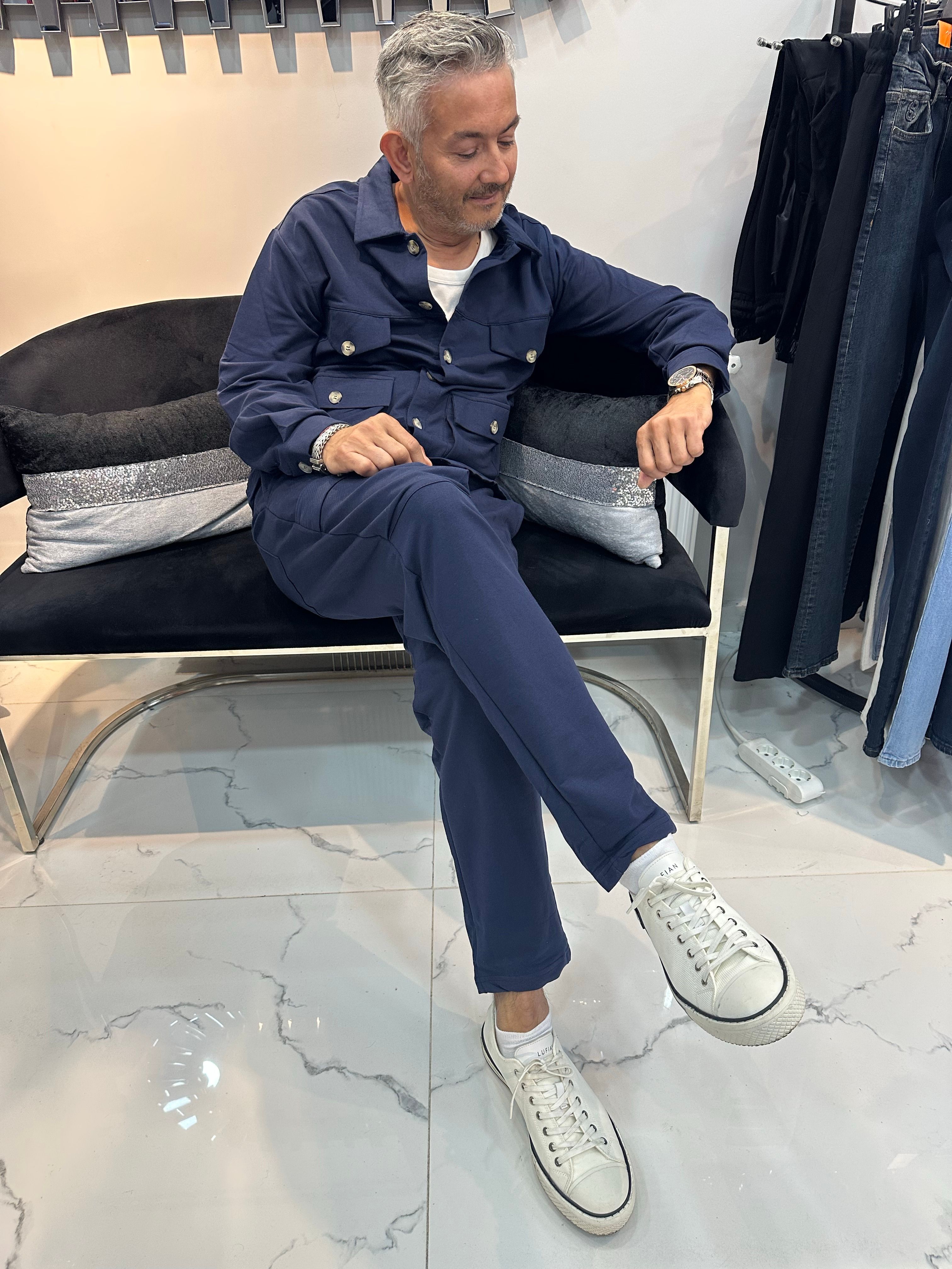 Lacivert Düğmeli Gömlek-Pantolon Takım
