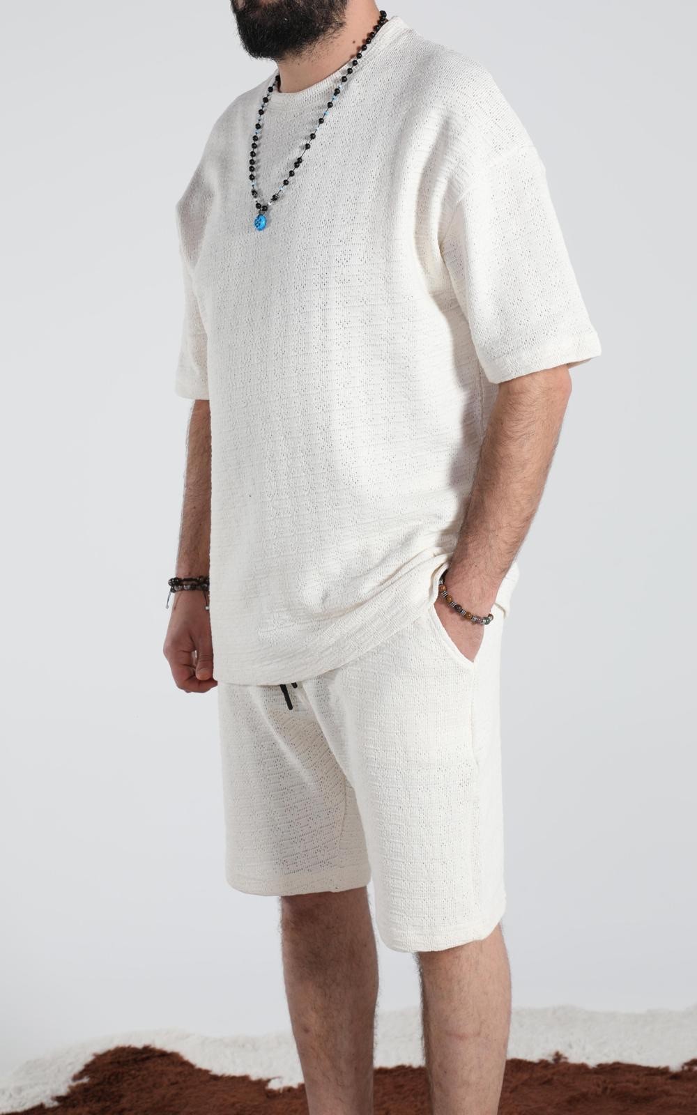 Beyaz Örgülü Kumaş Tshirt-Şort Takım