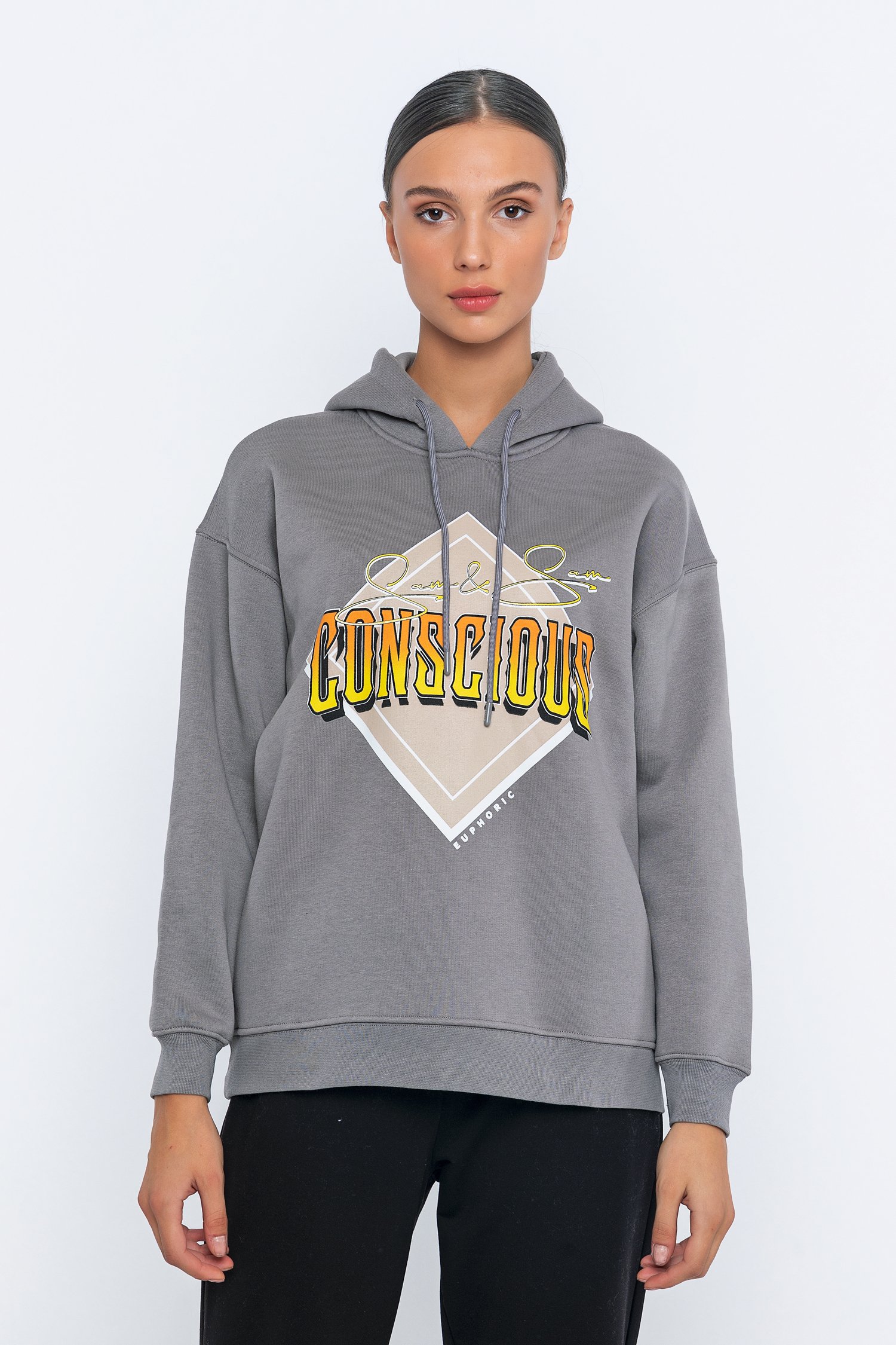  CONSCIOUS TEMALI KAPÜŞONLU KADIN SWEATSHIRT - Antrasit