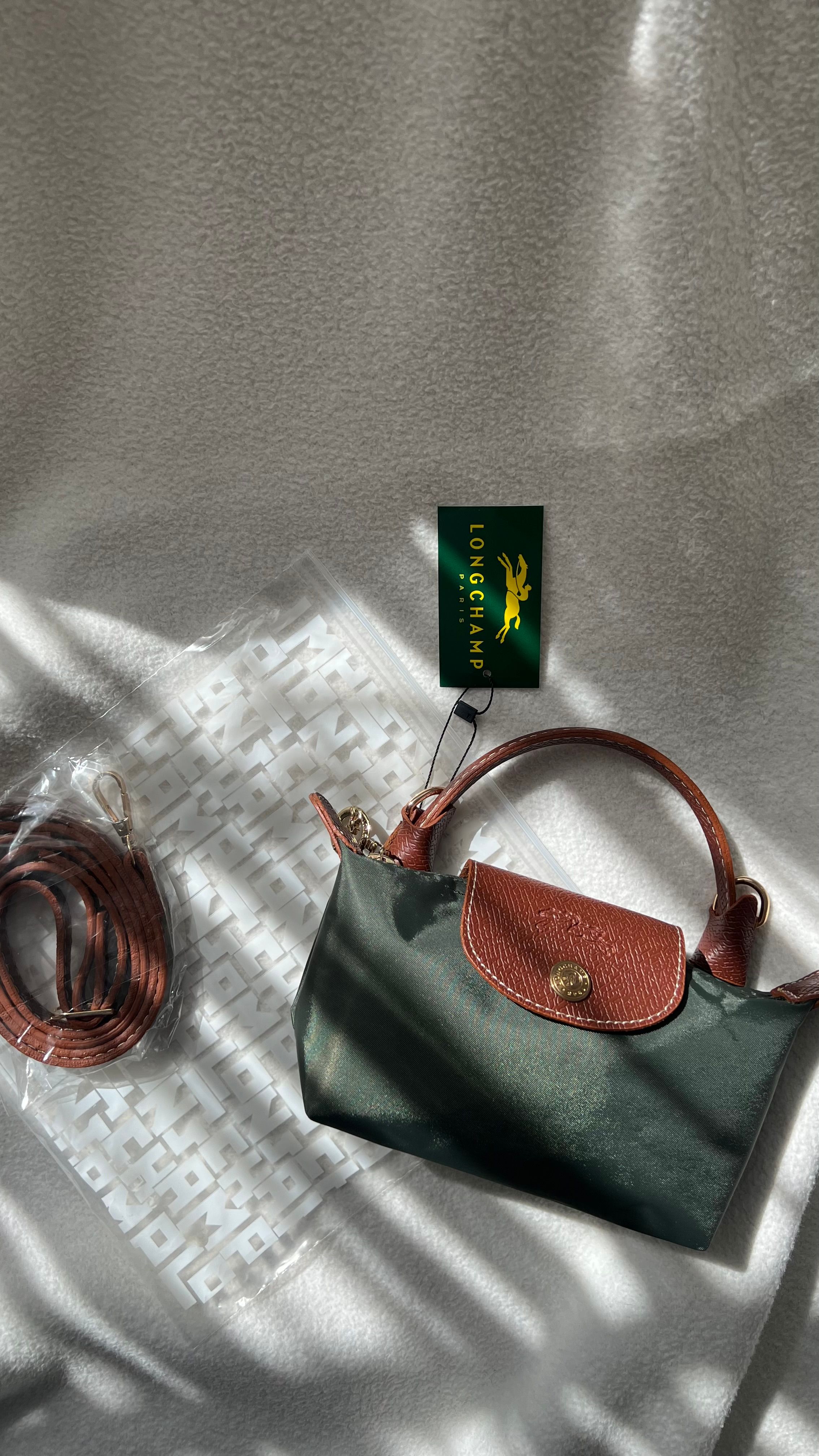  Longchamp Mini Pliage - Yeşil&Taba