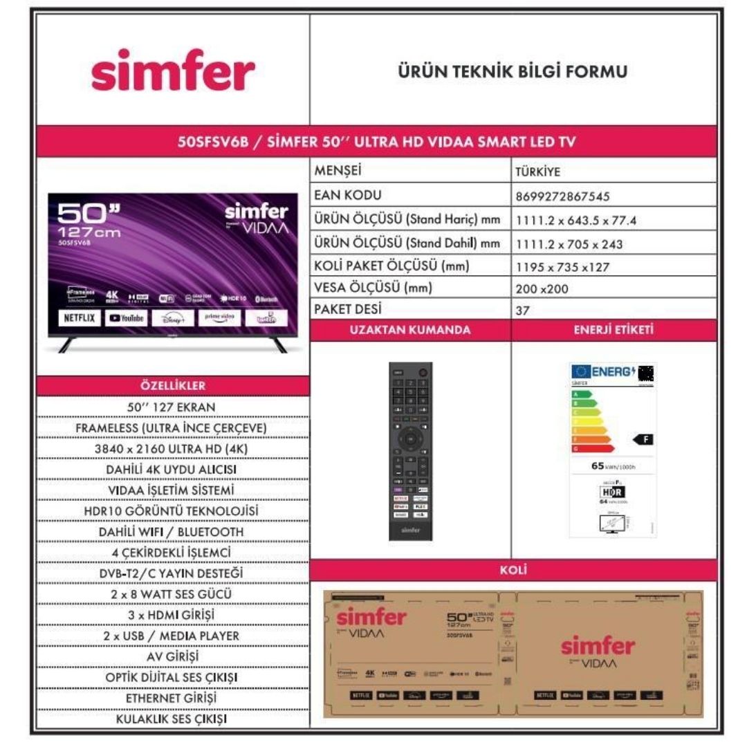 Simfer 50SFSV6B  50" 127 Ekran 4K Ultra HD Uydu Alıcılı VIDAA Smart Led Televizyon