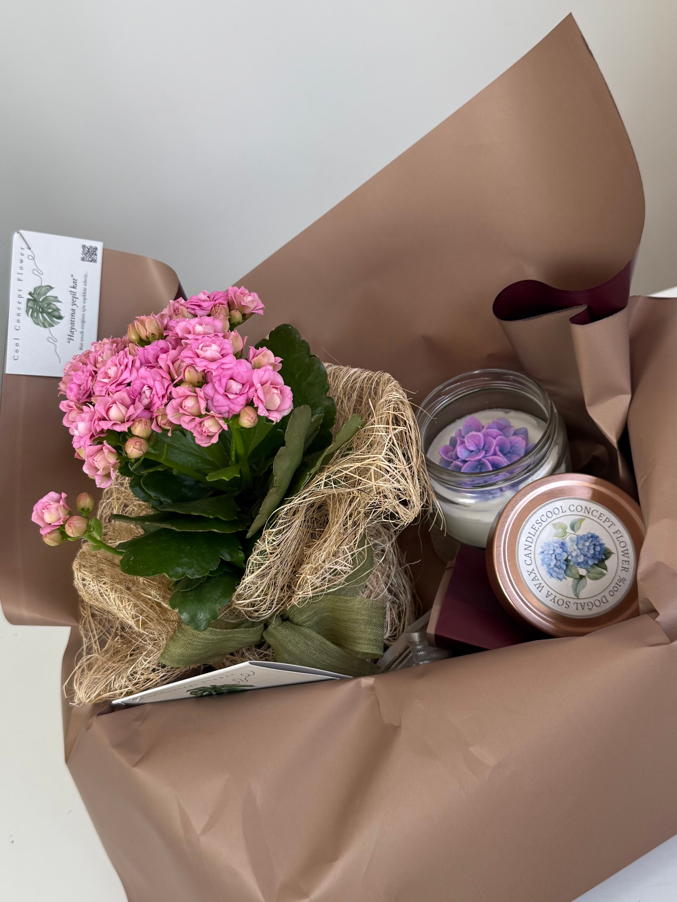 Kalachoe & Mum Hediyelik Concept Set (pembe kalanchoe-çiçek mum)