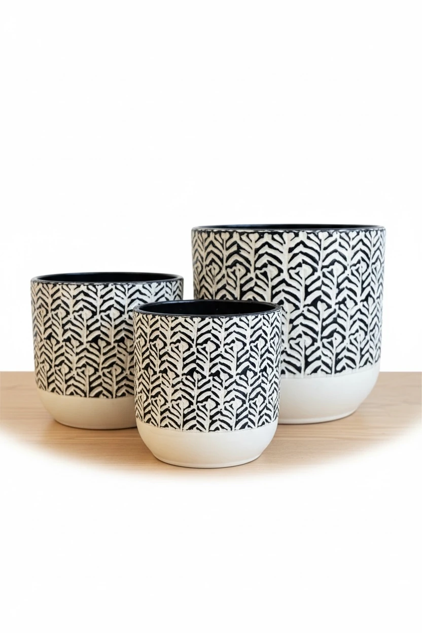 Verona İthal Metal Saksı (Koyu Lacivert-Beyaz Desenli)