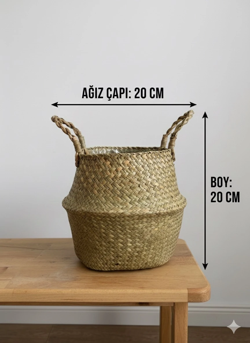 Hasır Dekoratif Kulplu Saksı (Tayland İçi Poşetli)