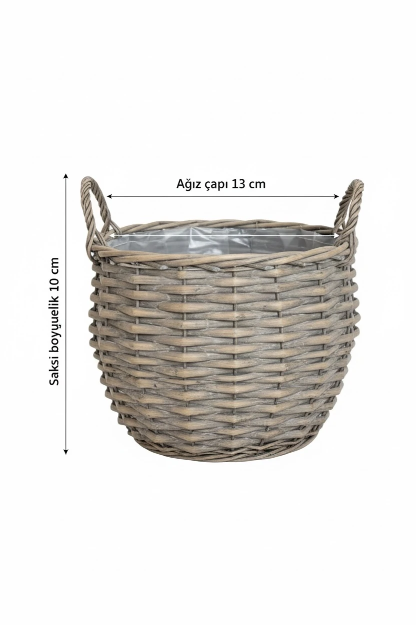 Hasır Dekoratif Poşetli Saksı (Gri Renk)