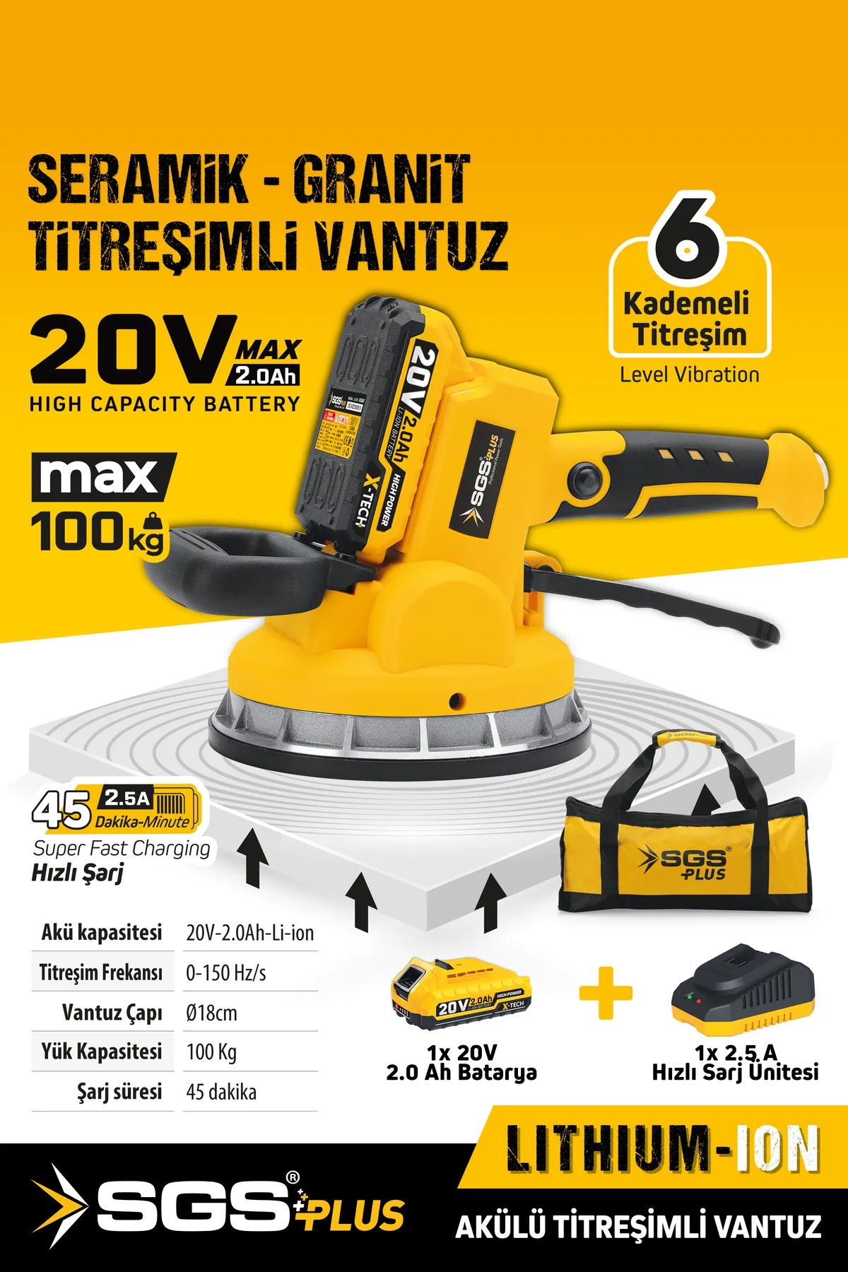 SGS PLUS SGS5415 20 Volt 2 Amper Akülü Titreşimli Vantuz Seramik Granit Mermer Döşeme Makinesi