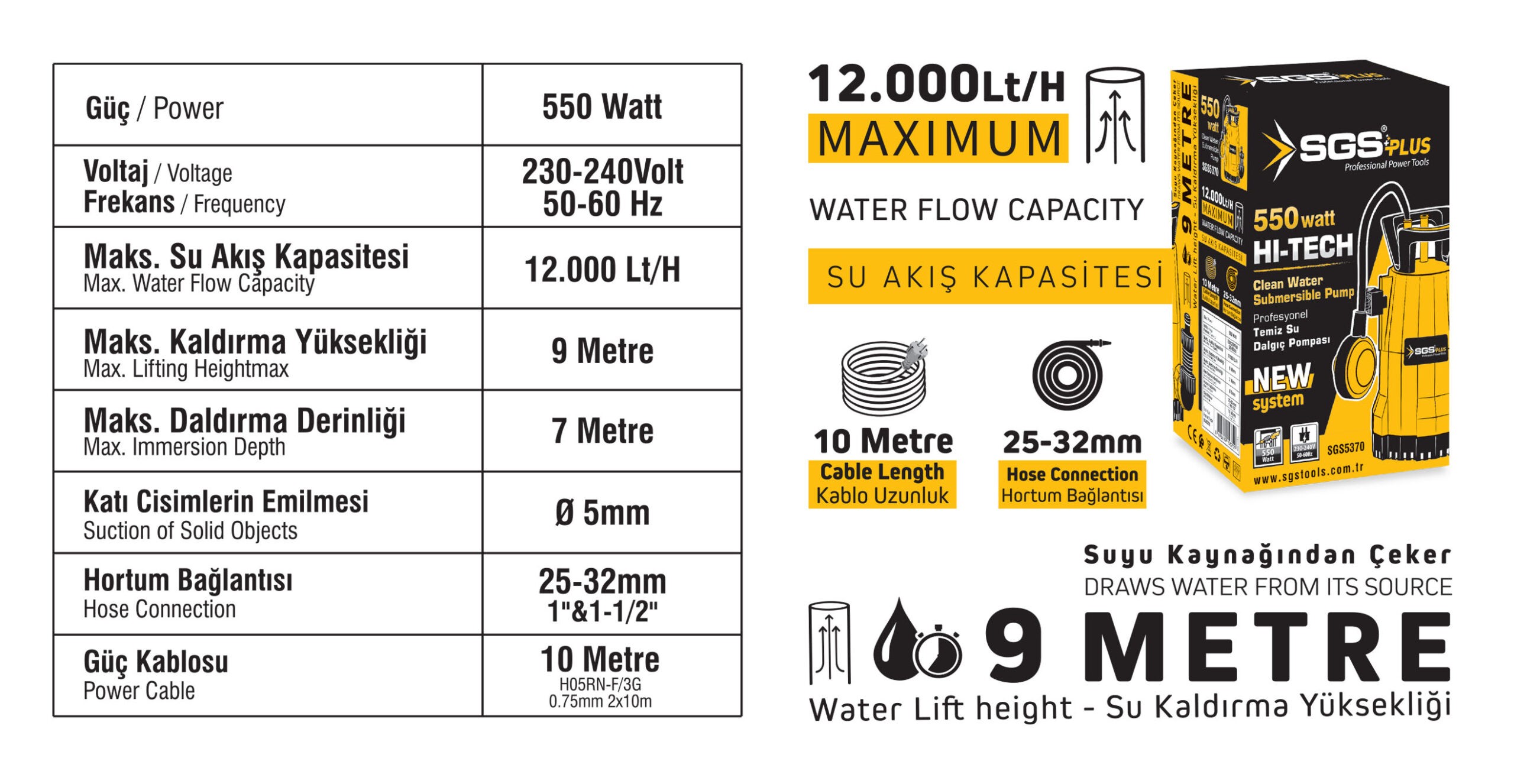 SGS5370 - 9 Metre Temiz Su Dalgıç Pompası 550 Watt