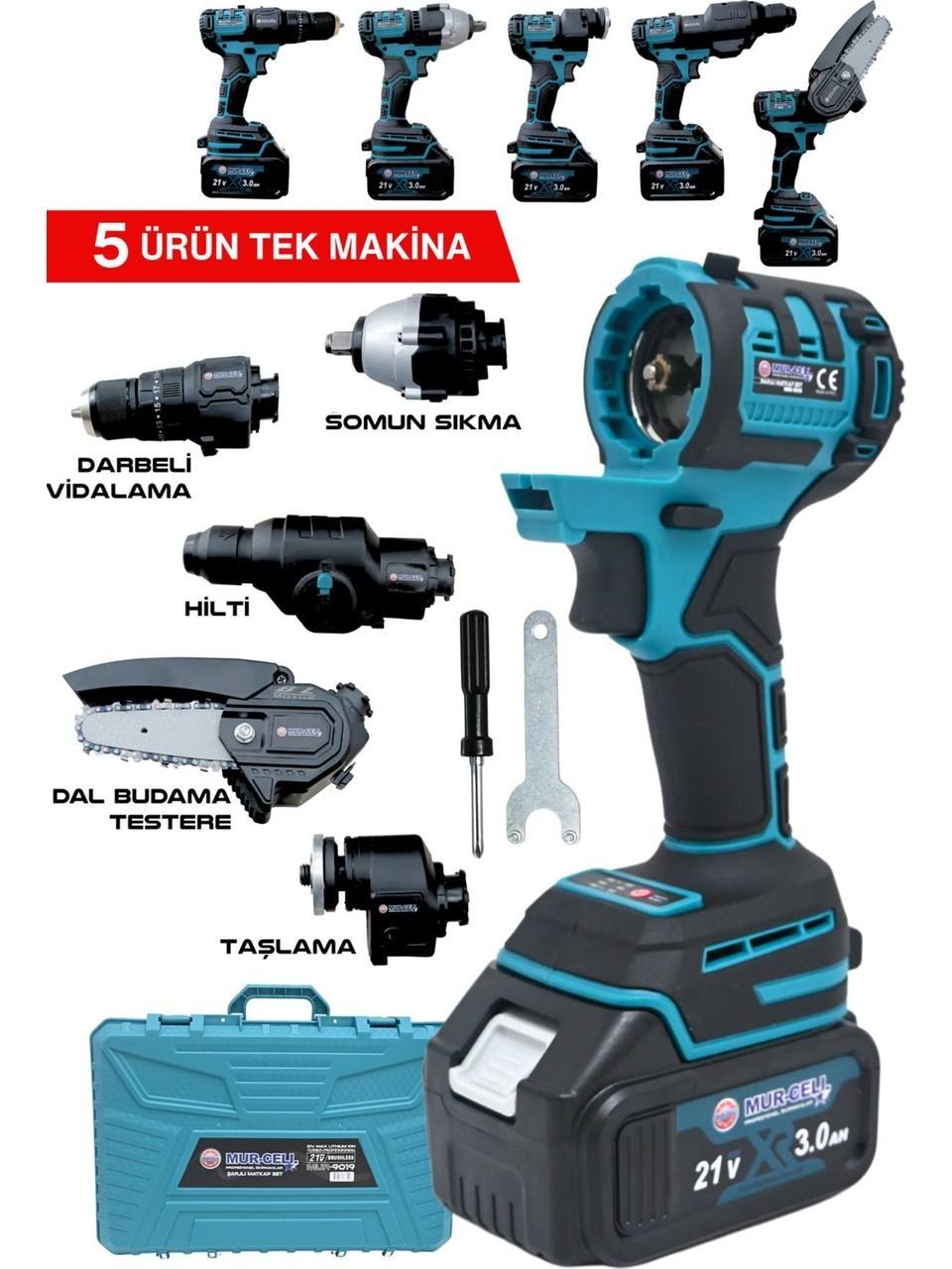 Murcell MUR-9019 5 Li Değişen Kafa Budama Testeresi Taşlama Darbeli Vidalama Kırıcı Hilti