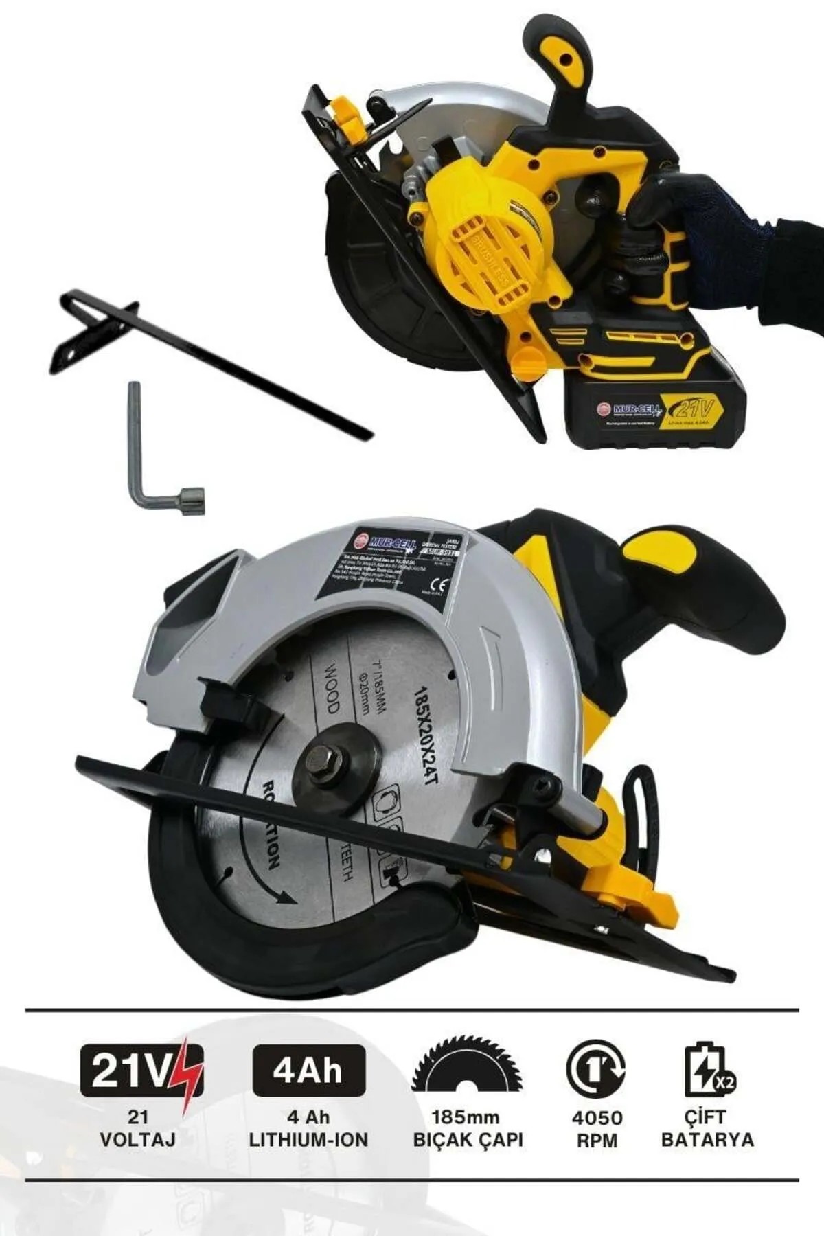 Mur-Cell Mur-5931 Sarı 21v 4.0ah Şarjlı Profesyonel Sunta Kesme Daire Testere Makinesi