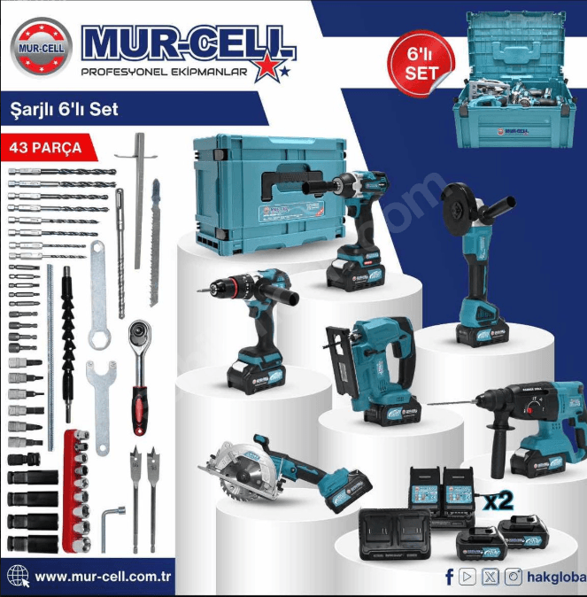 Mur-Cell Şarjlı 6 Lı Profesyonel Matkap Dekupaj Daire Testere Kırıcı Delici Taşlama Seti Kömürsüz