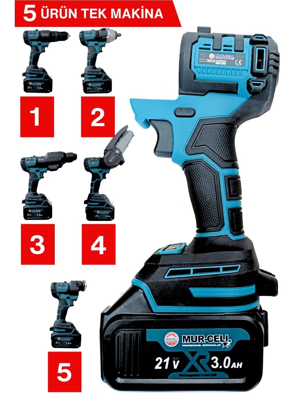 Murcell MUR-9019 5 Li Değişen Kafa Budama Testeresi Taşlama Darbeli Vidalama Kırıcı Hilti