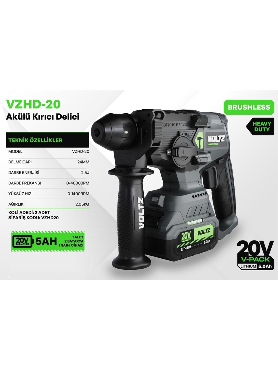 VOLTZ - 2.5 Joule - 20 Volt 5 Amper Akülü Kırıcı Delici Hilti SDS Plus (VZHD-20)