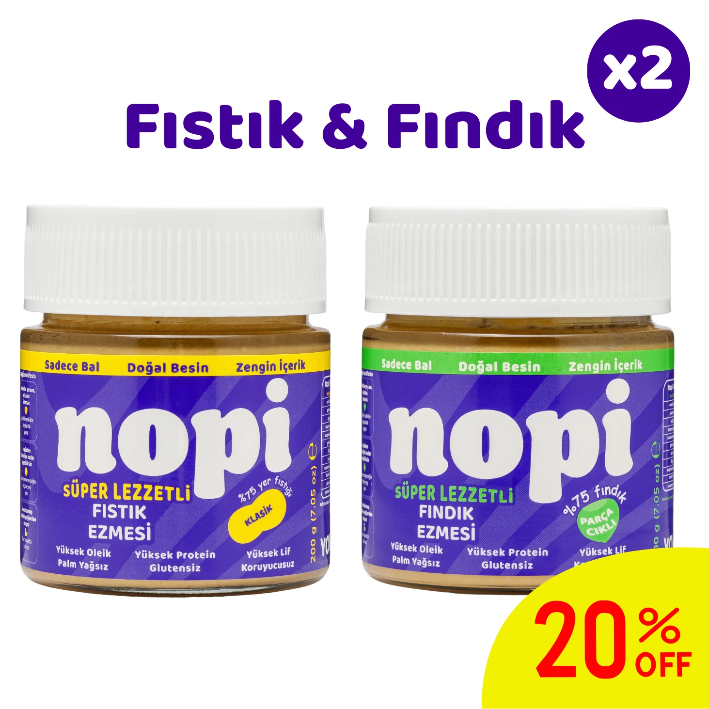 Nopı İkili Set- Klasik Yer Fıstığı & Parçacıklı Fındık Ezmesi ( 2 x 200 g)