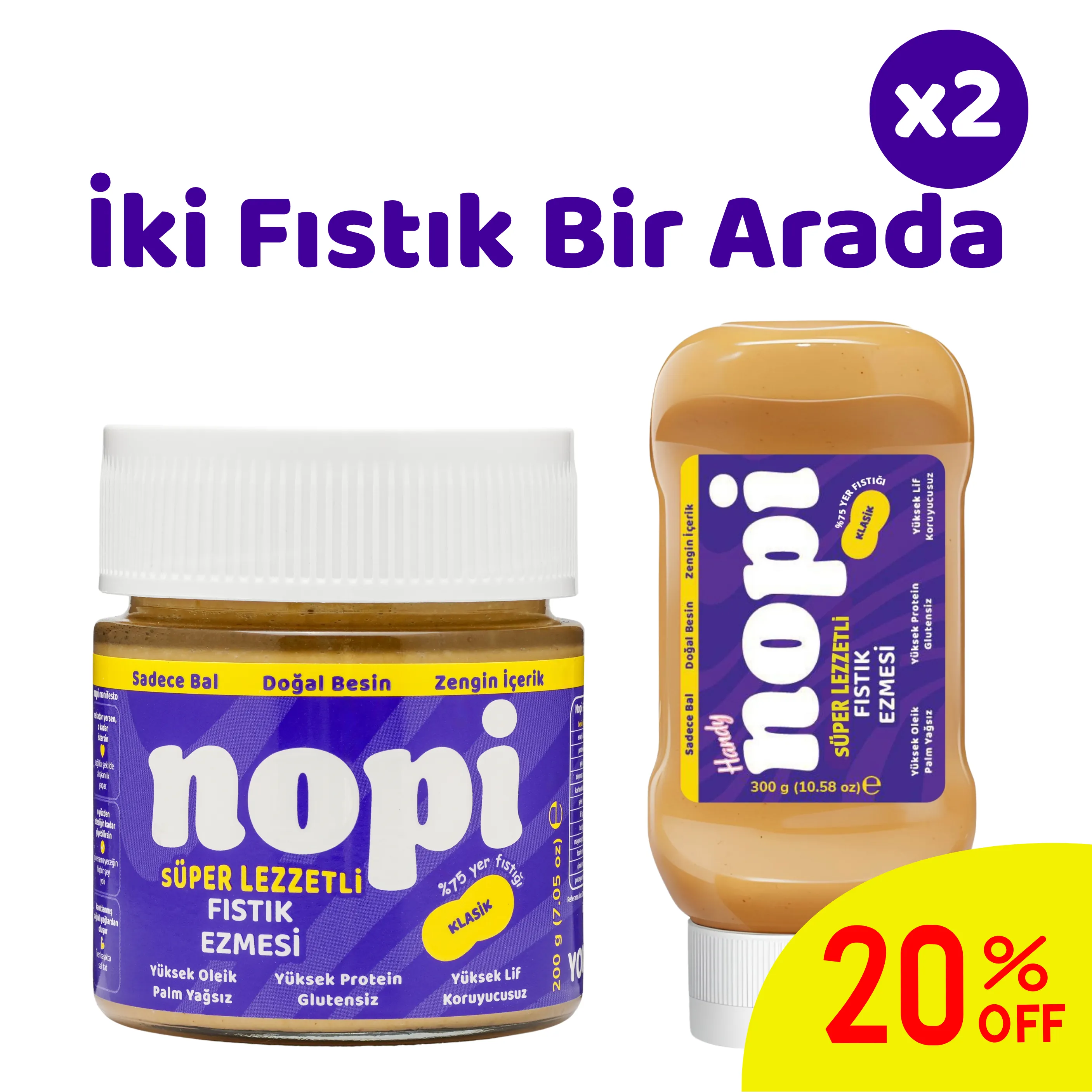 Nopi İkili Set - Klasik Yer Fıstığı 200 g & Handy Yer Fıstığı Ezmesi 300 g
