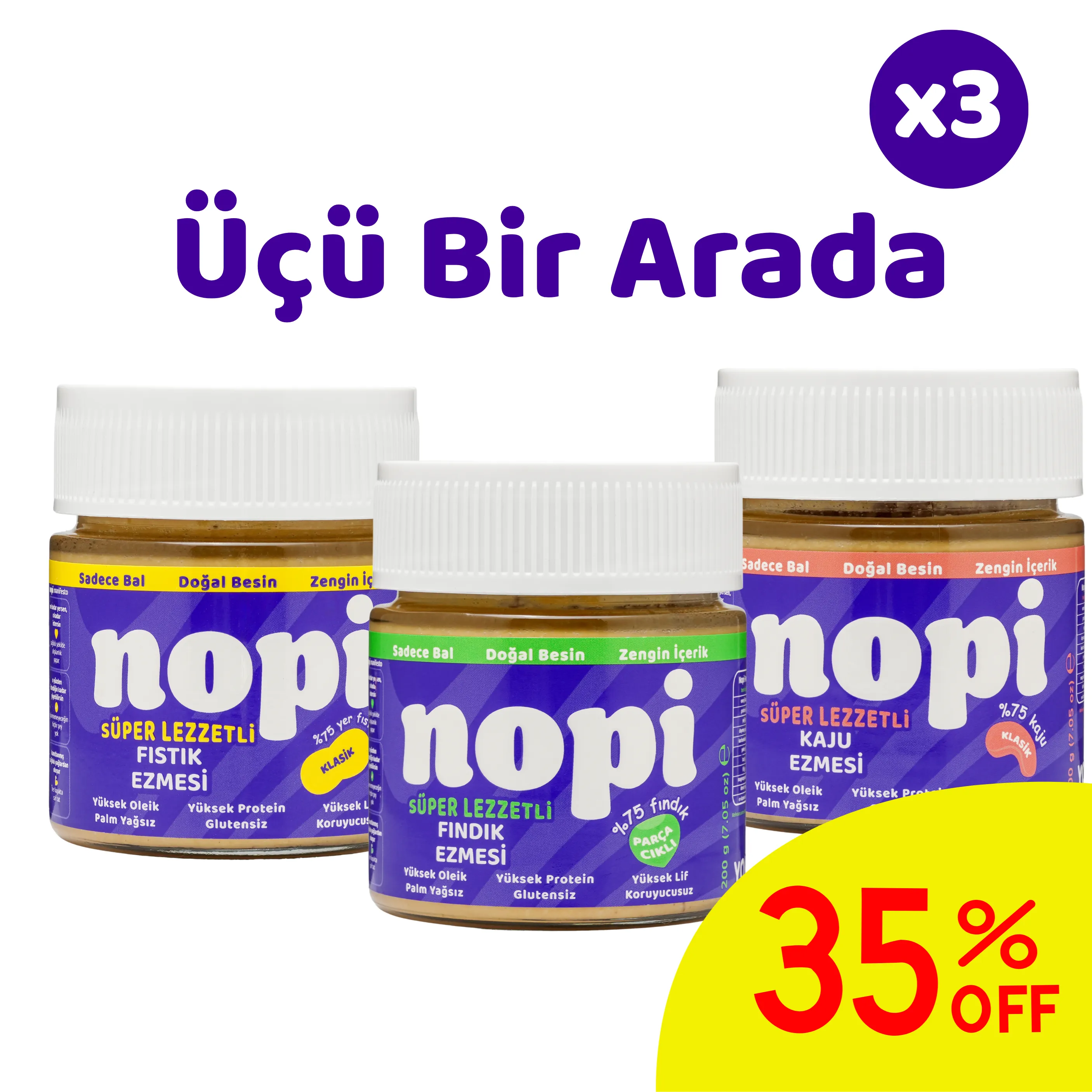 Nopi Üçlü Set- Klasik Yer Fıstığı & Parçacıklı Fındık & Kaju Ezmesi ( 3 x 200 g)