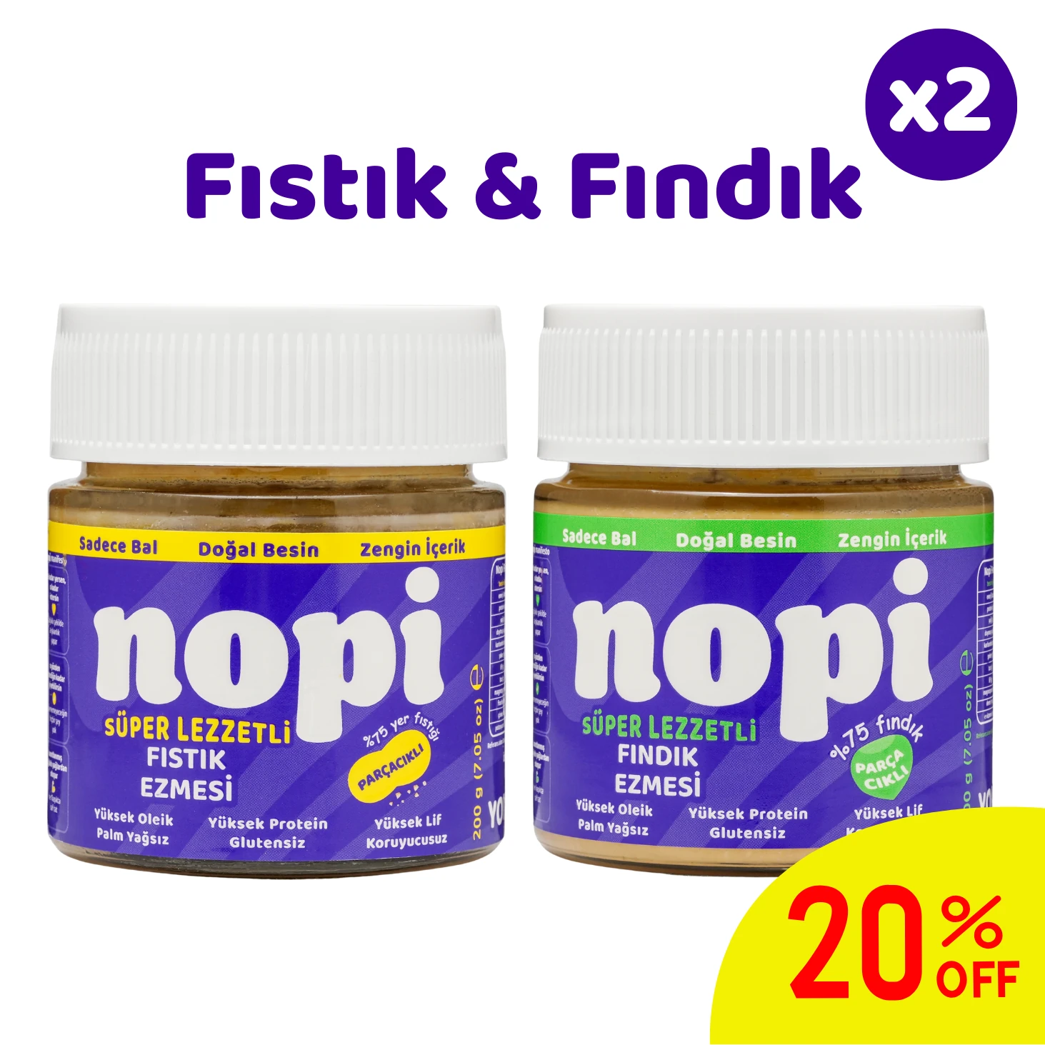 Nopı İkili Set- Parçacıklı Yer Fıstığı & Parçacıklı Fındık Ezmesi ( 2 x 200 g)