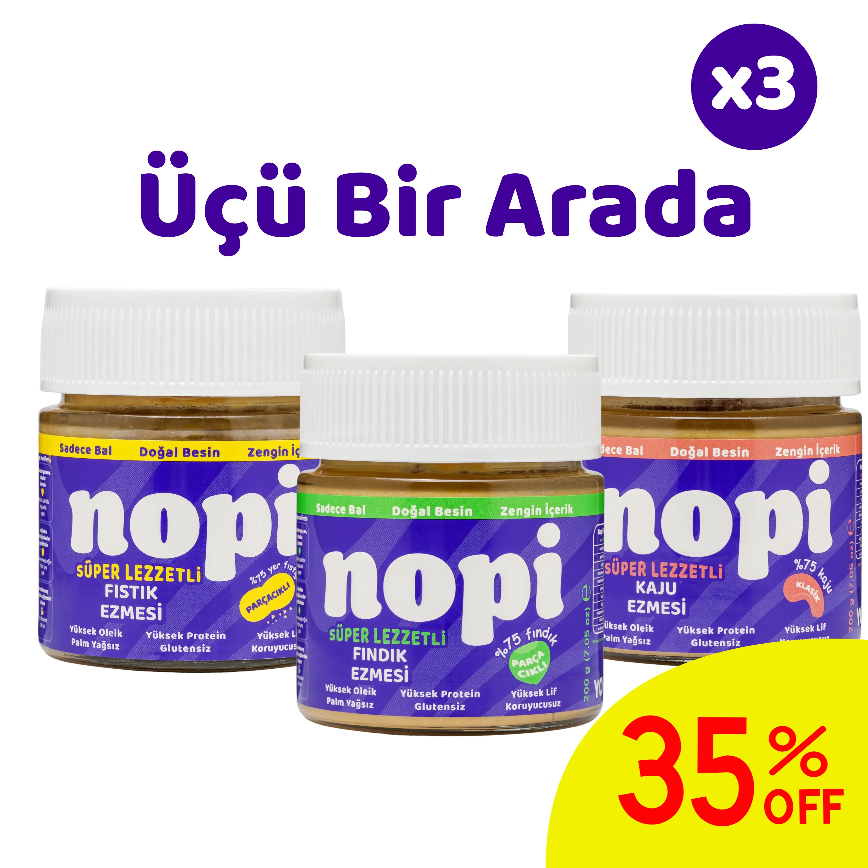 Nopi Üçlü Set- Parçacıklı Yer Fıstığı & Parçacıklı Fındık & Kaju Ezmesi ( 3 x 200 g)