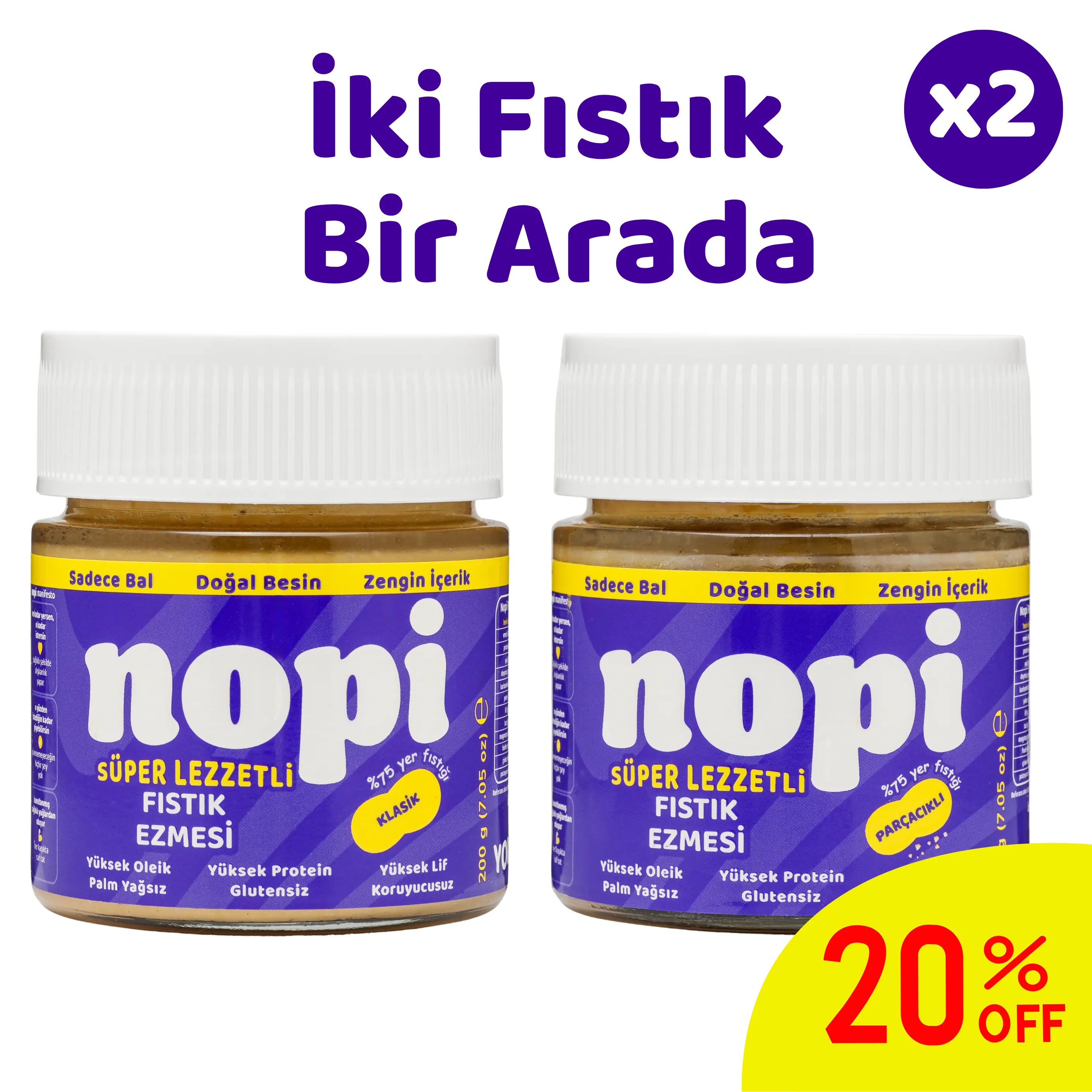 Nopi İkili Set - Klasik & Parçacıklı Yer Fıstığı Ezmesi (2 x 200 g)