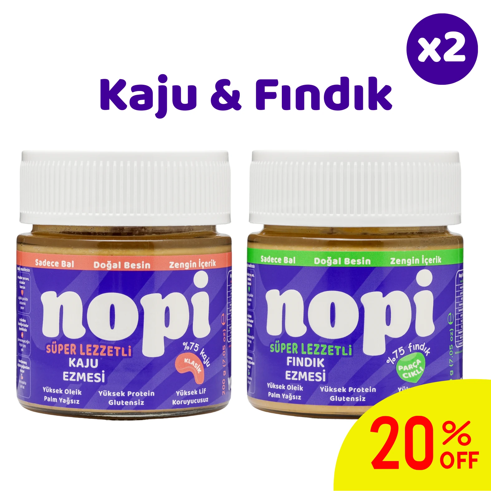 Nopi İkili Set - Parçacıklı Fındık & Klasik Kaju Ezmesi ( 2 x 200 g)