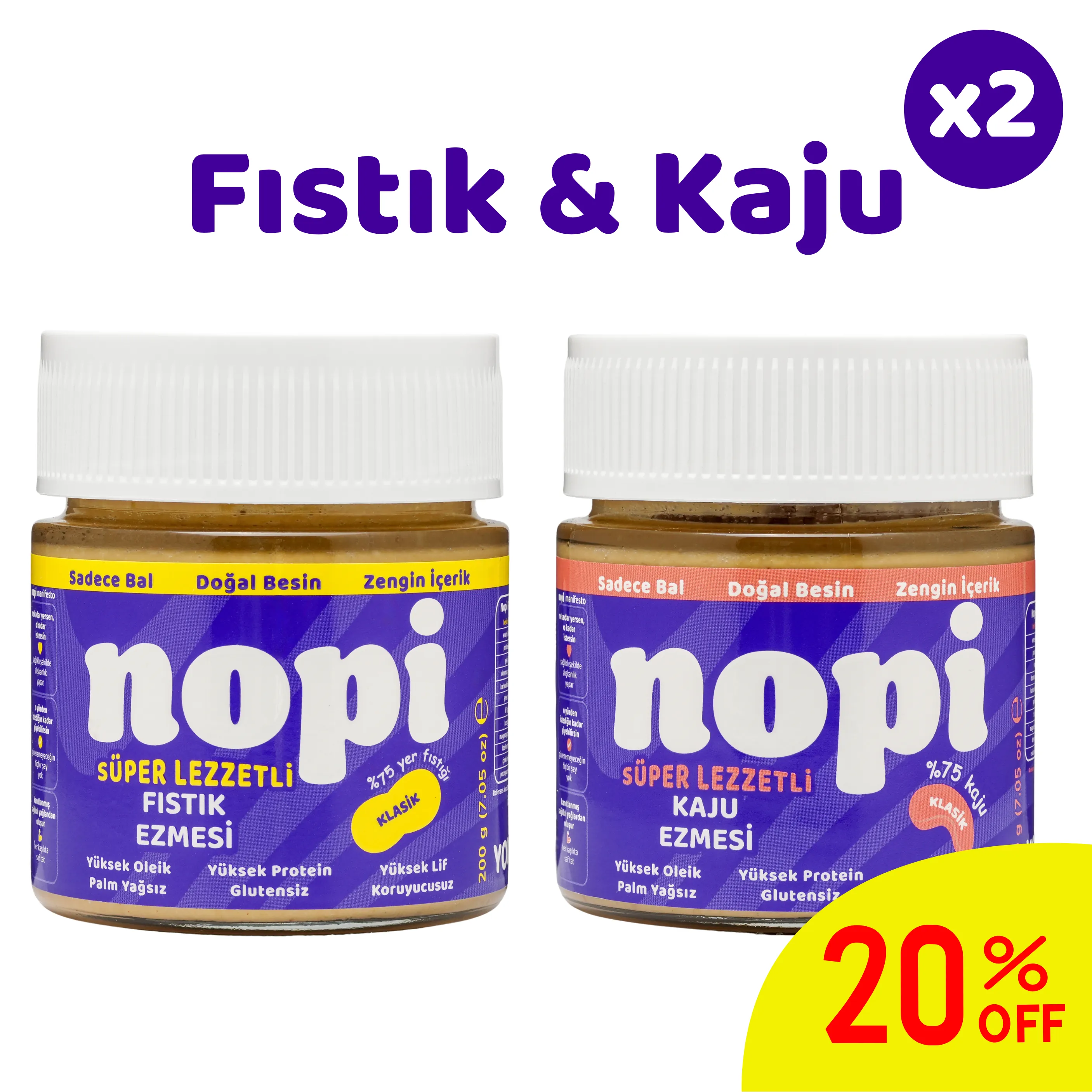 Nopi İkili Set - Klasik Yer Fıstığı & Kaju Ezmesi (2 x 200 g)