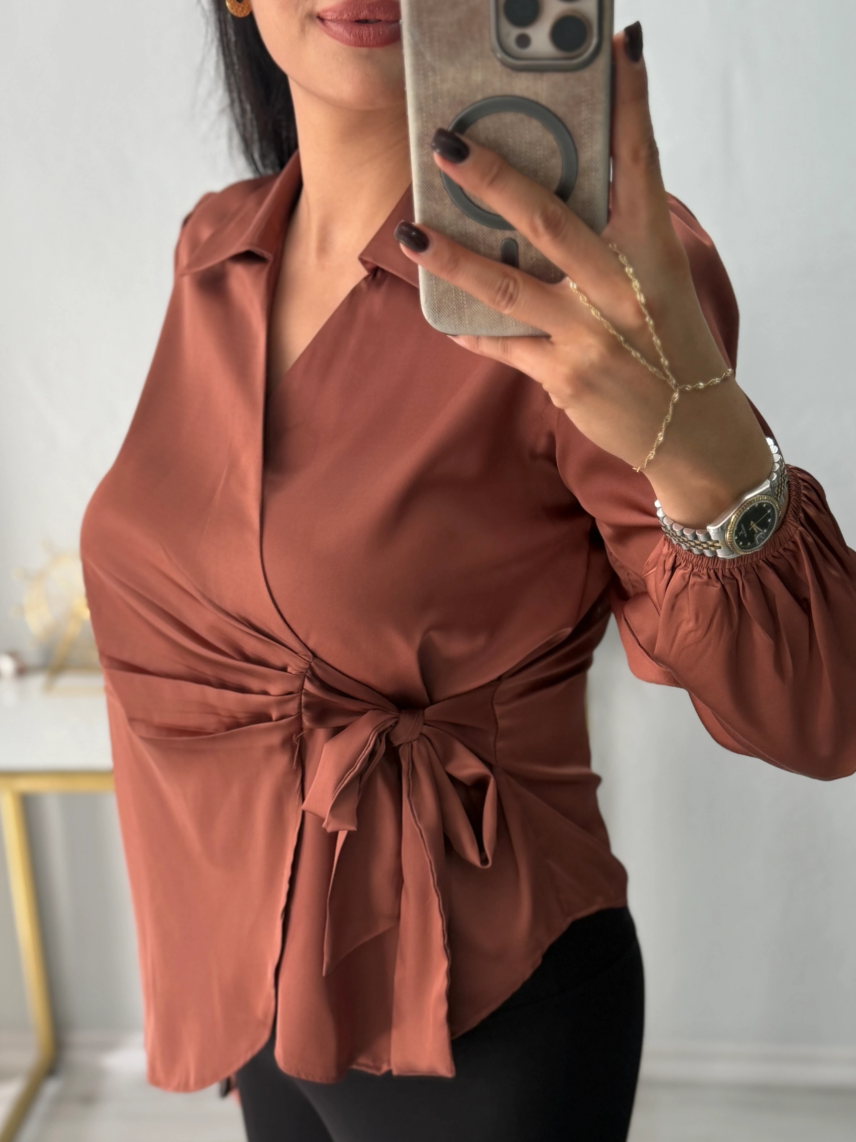 VİENA KRUVAZE BAĞLAMA DETAYLI SATEN GÖMLEK