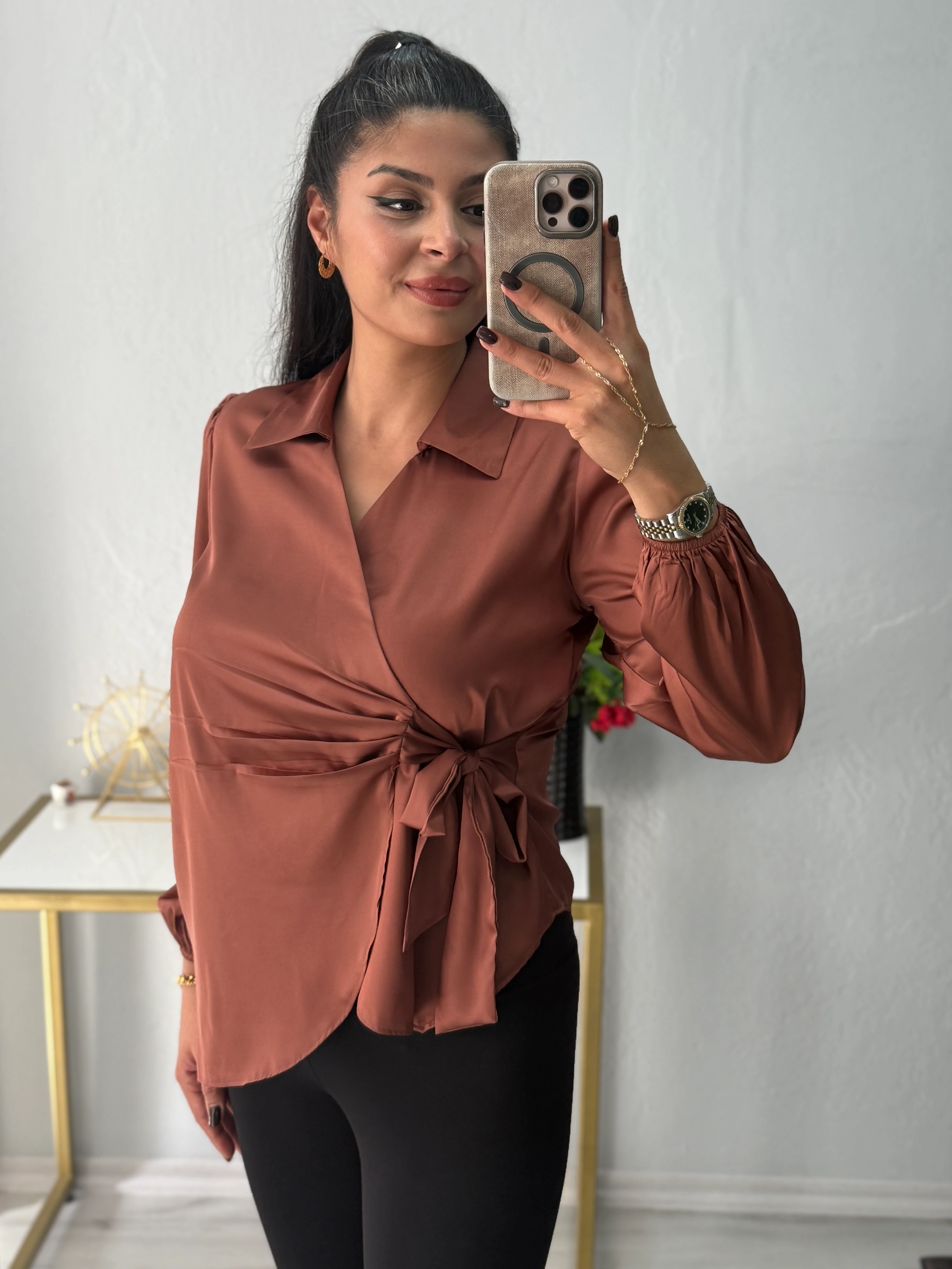 VİENA KRUVAZE BAĞLAMA DETAYLI SATEN GÖMLEK