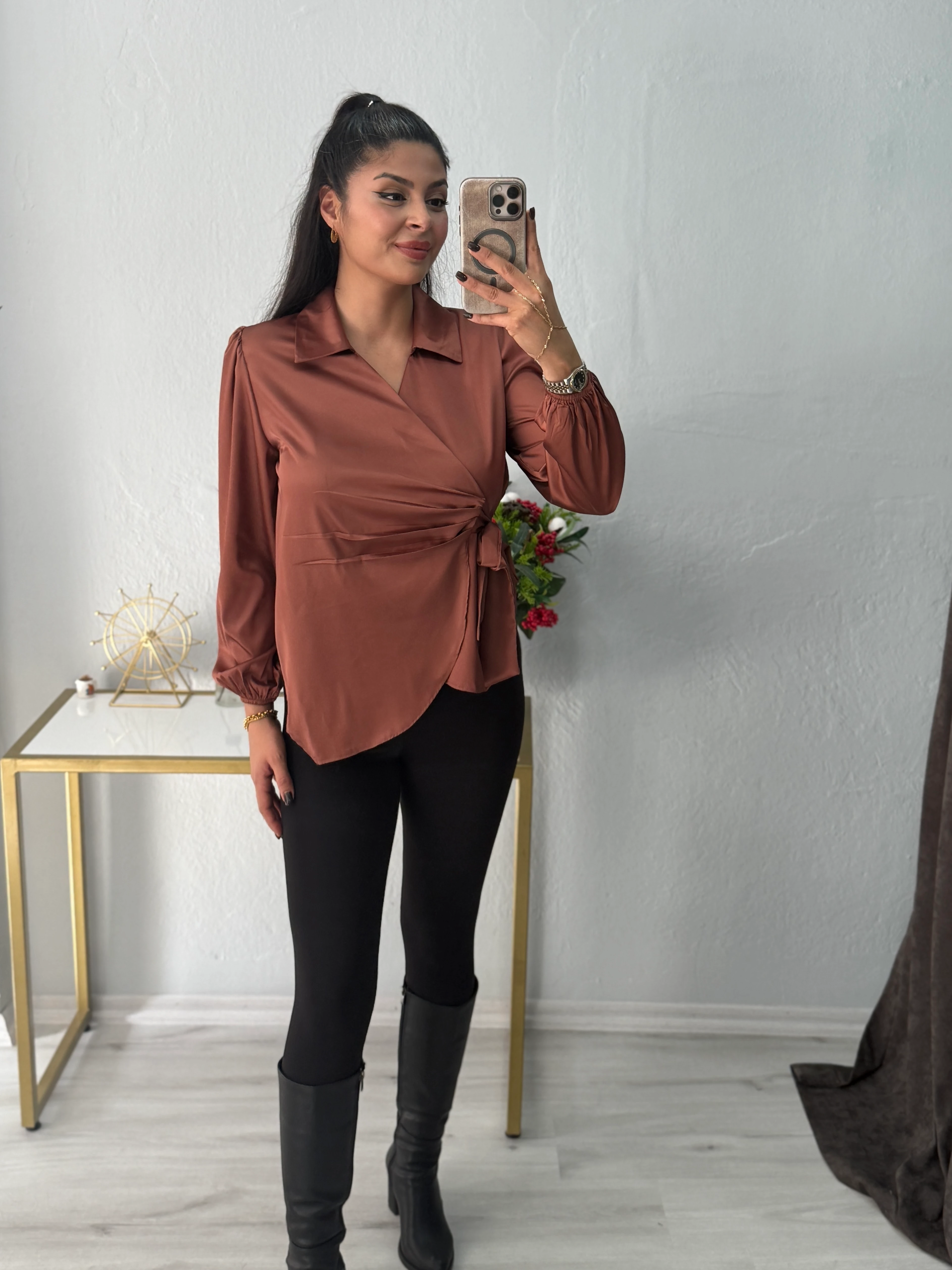 VİENA KRUVAZE BAĞLAMA DETAYLI SATEN GÖMLEK