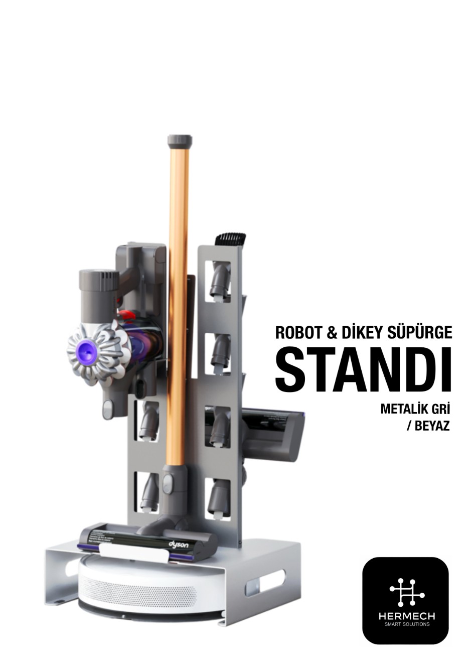 Dyson Philips Bosch Uyumlu Süpürge Standı EXTRA ROBOT SÜPÜRGE YUVALI - ÇİFT RENK METALİK GRİ / BEYAZ -